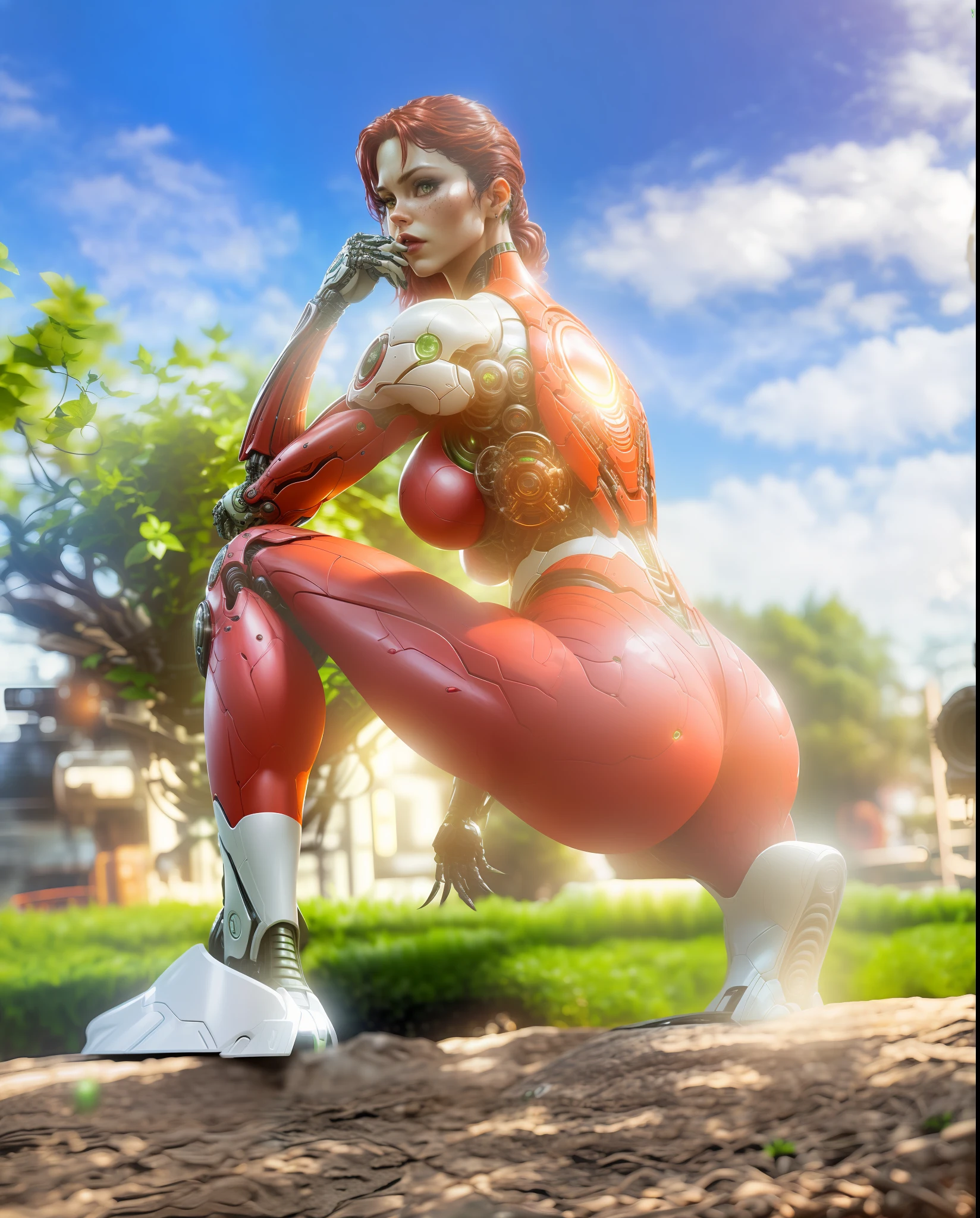 photo of Poison Ivy (sexy, big boobs) from DC, biomechanical, complex robot, full growth, hyperrealistic, insane small details, extremely clean lines, cyberpunk aesthetic, masterpiece featured at Zbrush Central
