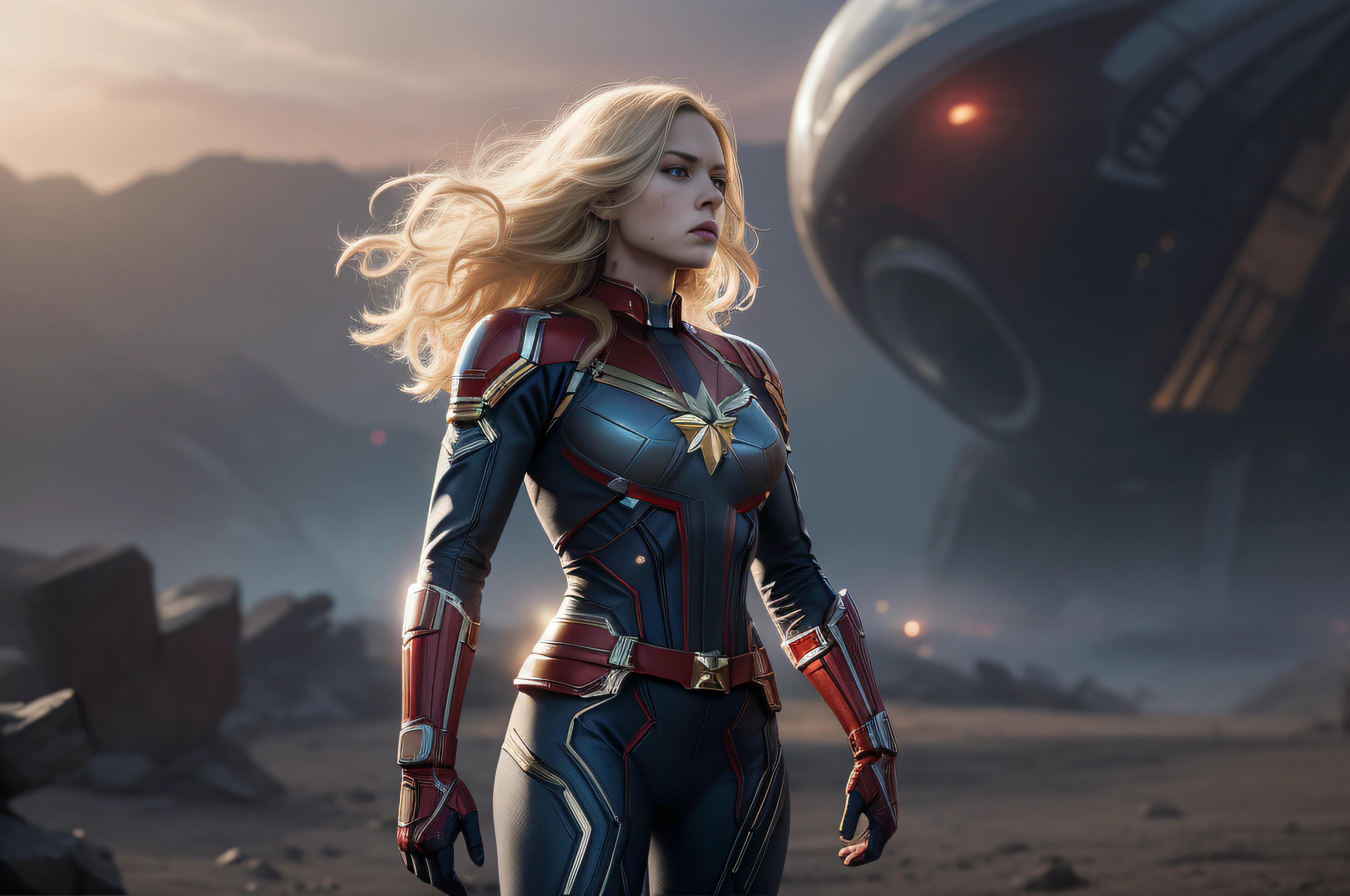 full body portrait of pale woman wearing captain marvel suit, worn out, blood stains, dirty, with long blond hair, in alien planet, soaring above alien structures, space in background, stars in background, flying, slim, strong, athletic, skinny, highly detailed, high details, dynamic, high quality, realistic, 8k, HDR, high resolution, HD, serious, angry, concerned, fighting_stance, depth of field, 4k, detailed, photorealistic, realistic, hd, 4k image, full hd, cinematic, movie poster