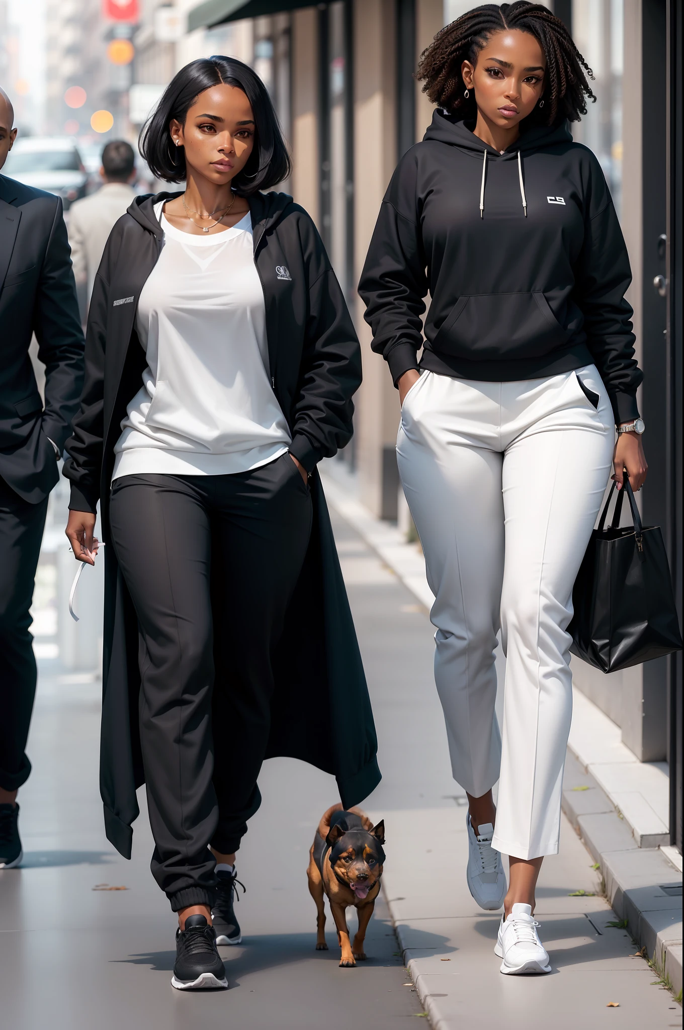 An elegant black woman in a white jogger, arborant de longs cheveux noirs, tenant son smartphone d'une main, dressed in trousers and a hoodie, avec des talons hauts, Walking early in the morning with his dog Rottweiler.