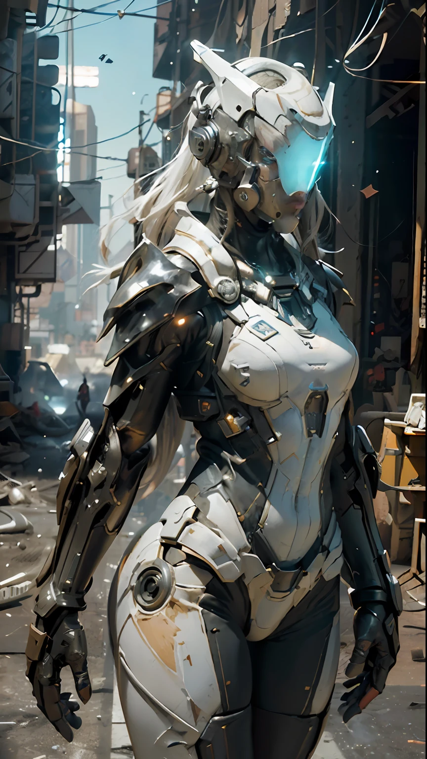 ((best quality)), ((masterpiece)), ((realistic)), (detailed), (photorealistic:1.5), a futuristic girl, (thick body), (white bodysuit), lights on armor, cybernetic headwear, looking at viewer, dynamic pose, post apocalyptic, destroyed city background, buildings on fire, science fiction, hdr, ray tracing, nvidia rtx, super-resolution, unreal 5, subsurface scattering, pbr texturing, post-processing, anisotropic filtering, depth of field, maximum clarity and sharpness, rule of thirds, 8k raw, (luminescent particles:1.4), (extremely detailed cg, unity 8k wallpaper, 3d, cinematic lighting, lens flare), reflections, sharp focus, cyberpunk art, cyberpunk architecture,