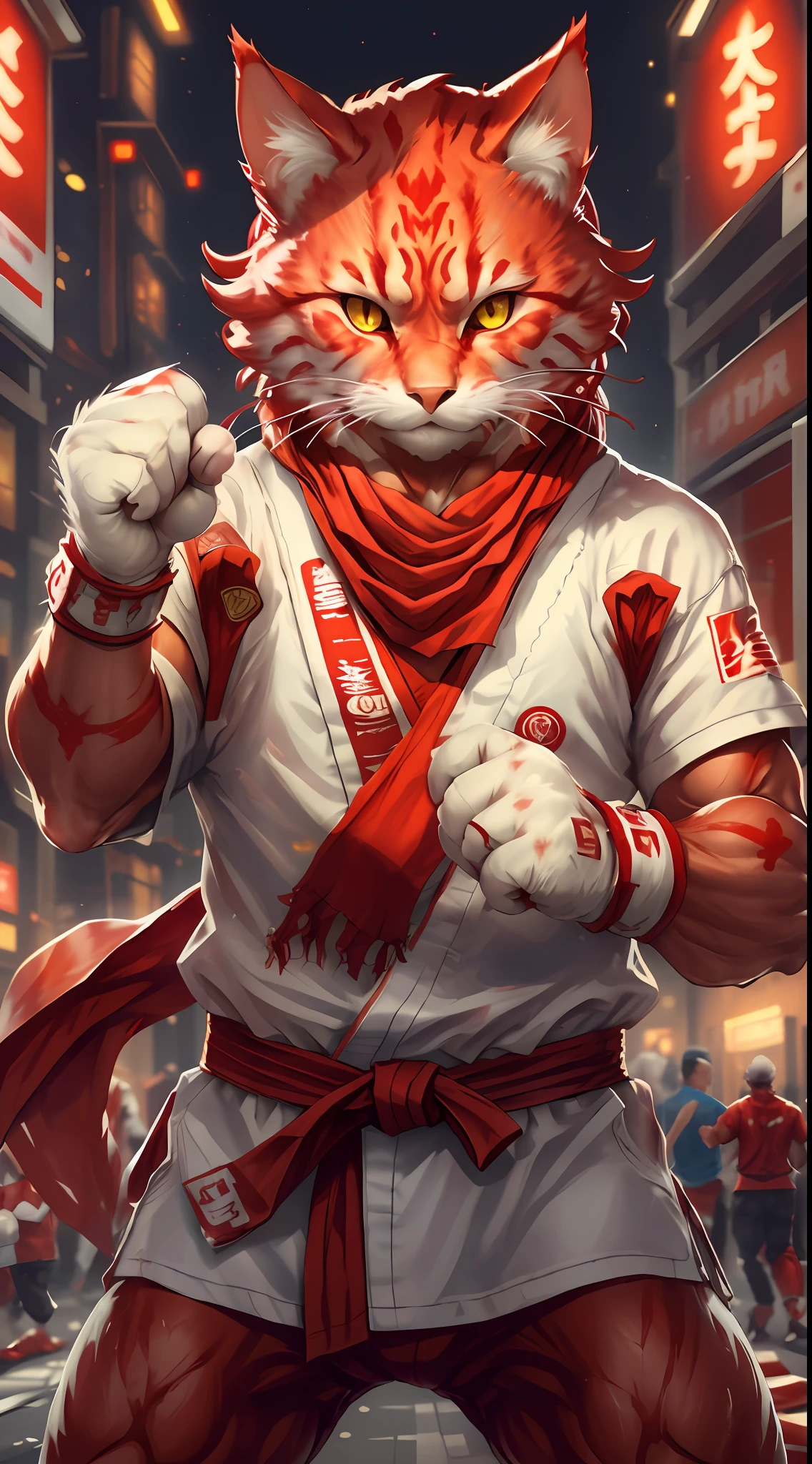 c4ttitude, (Red skin),wearing white karate outfit, red bandana, focusing energy, street fighter