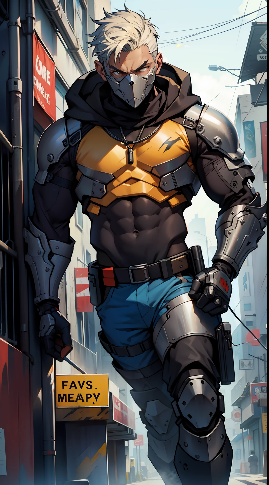 a cyborg guy armored wearing bandit clothes, strong