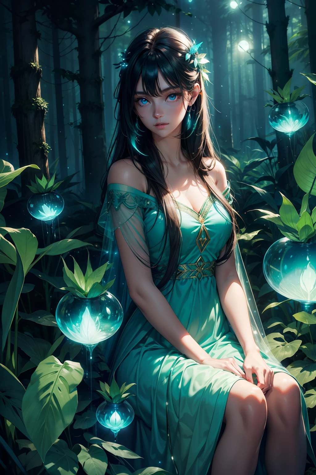 young woman, long dark hair, luminiscent transparent blue green teal glowing dress, in the dark forest at night, blue eyes, dreamy, glowing teal plants, magical forest with lights, cinematic shot, sitting under the tree, fireflies around, big glowing plants around her