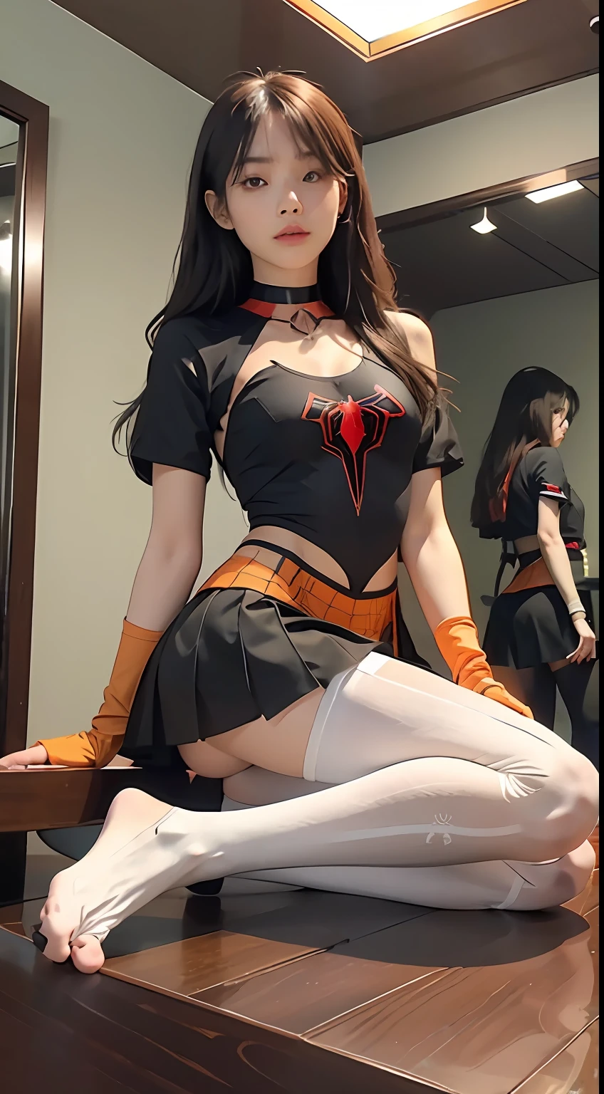 Stylish young female version of Spider-Man,gwyn,Ultra-thin tights in a green and orange color scheme,Spider vector logo on chest,The clothes are printed with the pattern of Spider-Man,Long black fashion hair,Long floating hair,Wear leather gloves,Hand jewelry,choker necklace,Pedras preciosas,Rich,Rich man,name badge,Korean model,adolable,dynamicposes,Dynamic shots,Seductive pose,Hit barefoot,Bare legged,perfect bodies,Suspender stockings,No shoes,Toes,Spider-Man cosplay,Spider cuirass covered,spiderman outfit,short skirt,Asymmetrical stockings,The left foot is white stockings,The right foot is black stockings,Detailed spider silhouette body with Spider-Man roleplay,Cute light green slim fit leggings,There are also Gundam wallpapers on the wall,clothing rack,Bedrooms,Large mirror,Luxurious interior