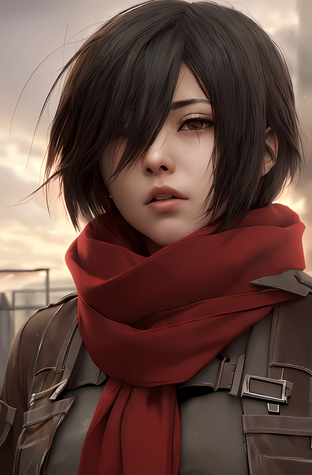 masterpiece,best quality,1girl,mikasa_ackerman,Red scarf,sky,gloomy,Combat posture,sinister gang,butyric,Minimalism,Impact art,ruins,black eyes,close up,realistic ,ultra detail