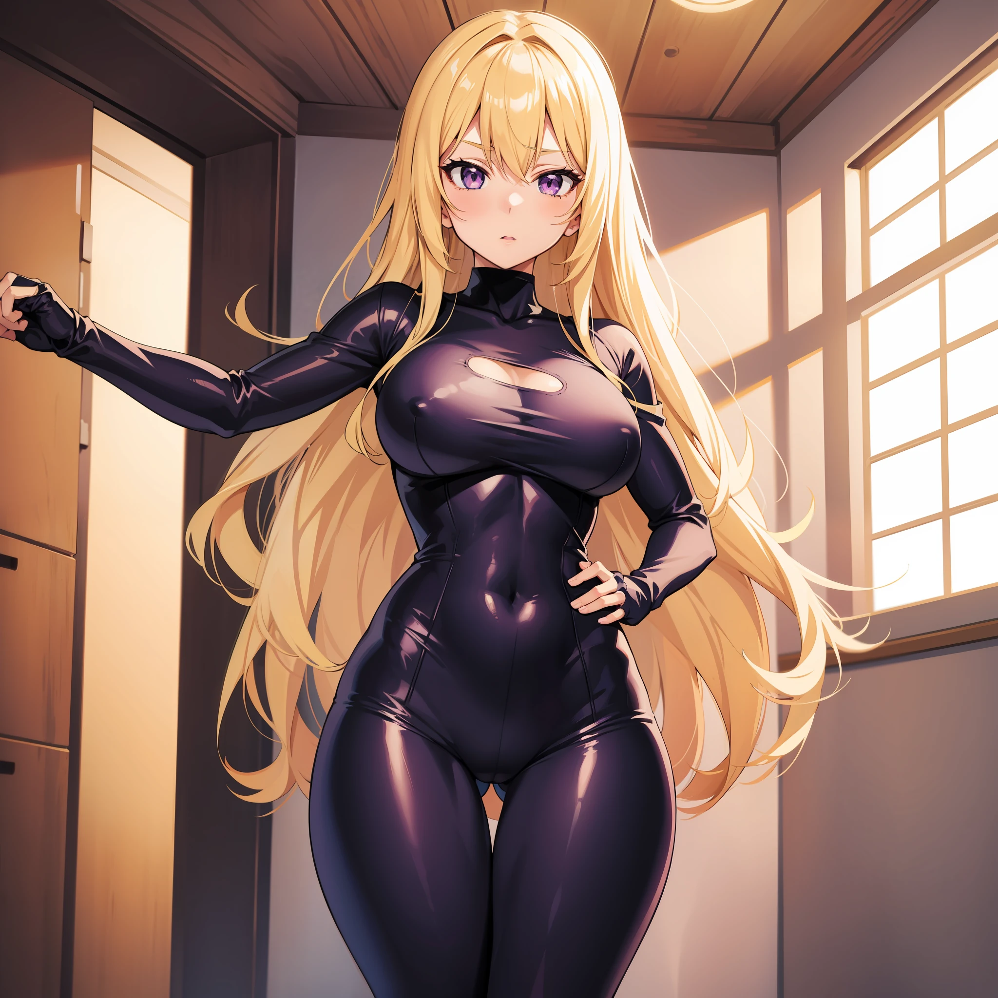 Anime girl, blonde hair, tight clothes, sexy, skinny, purple eyes