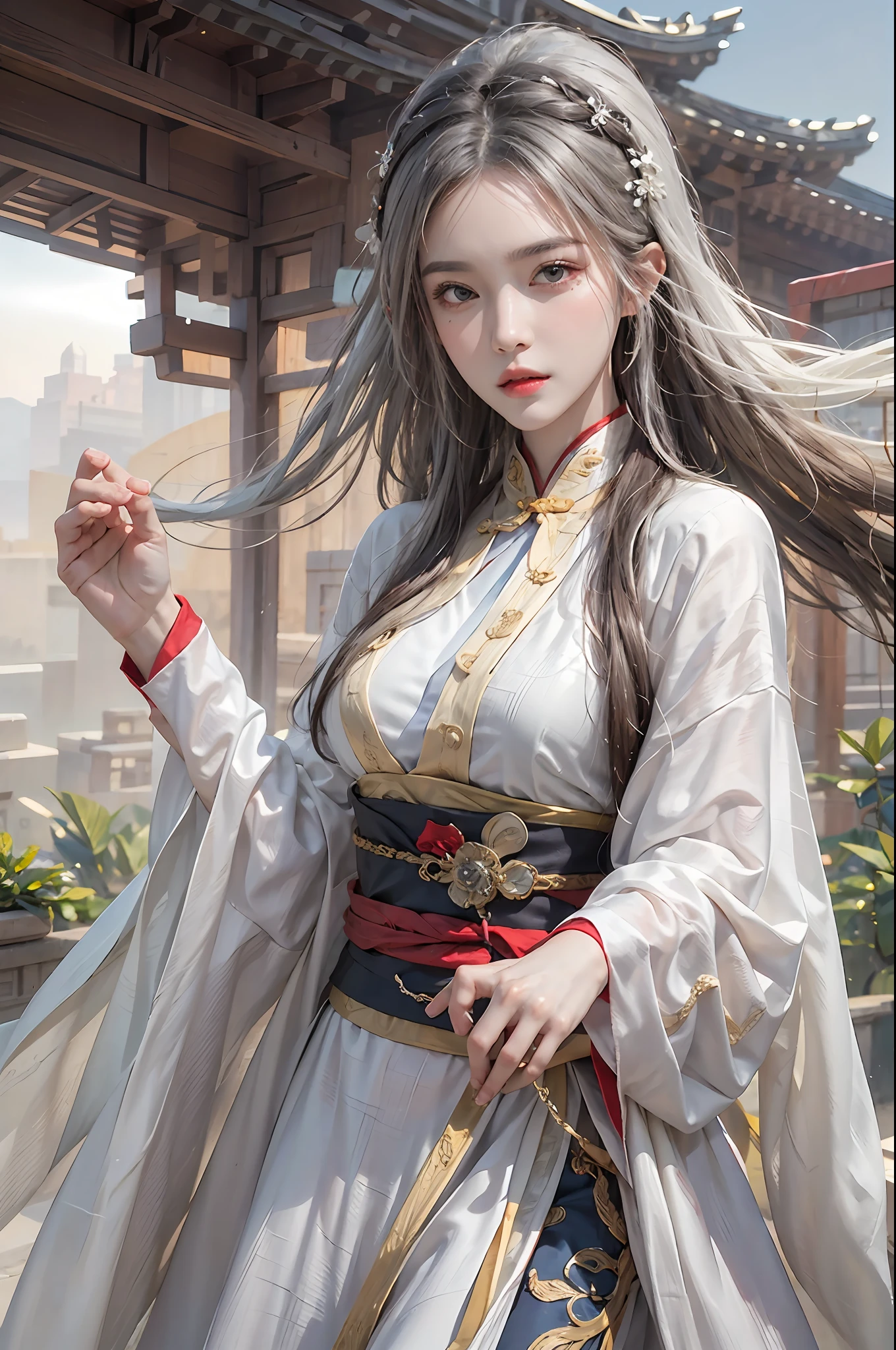photorealistic, high resolution, 1women, solo, hips up, look at viewer, (detailed face), narrow waist, closed lips, white hair, long hair, kungfu clothes, intricate xianxia ancient clothes, jewelry