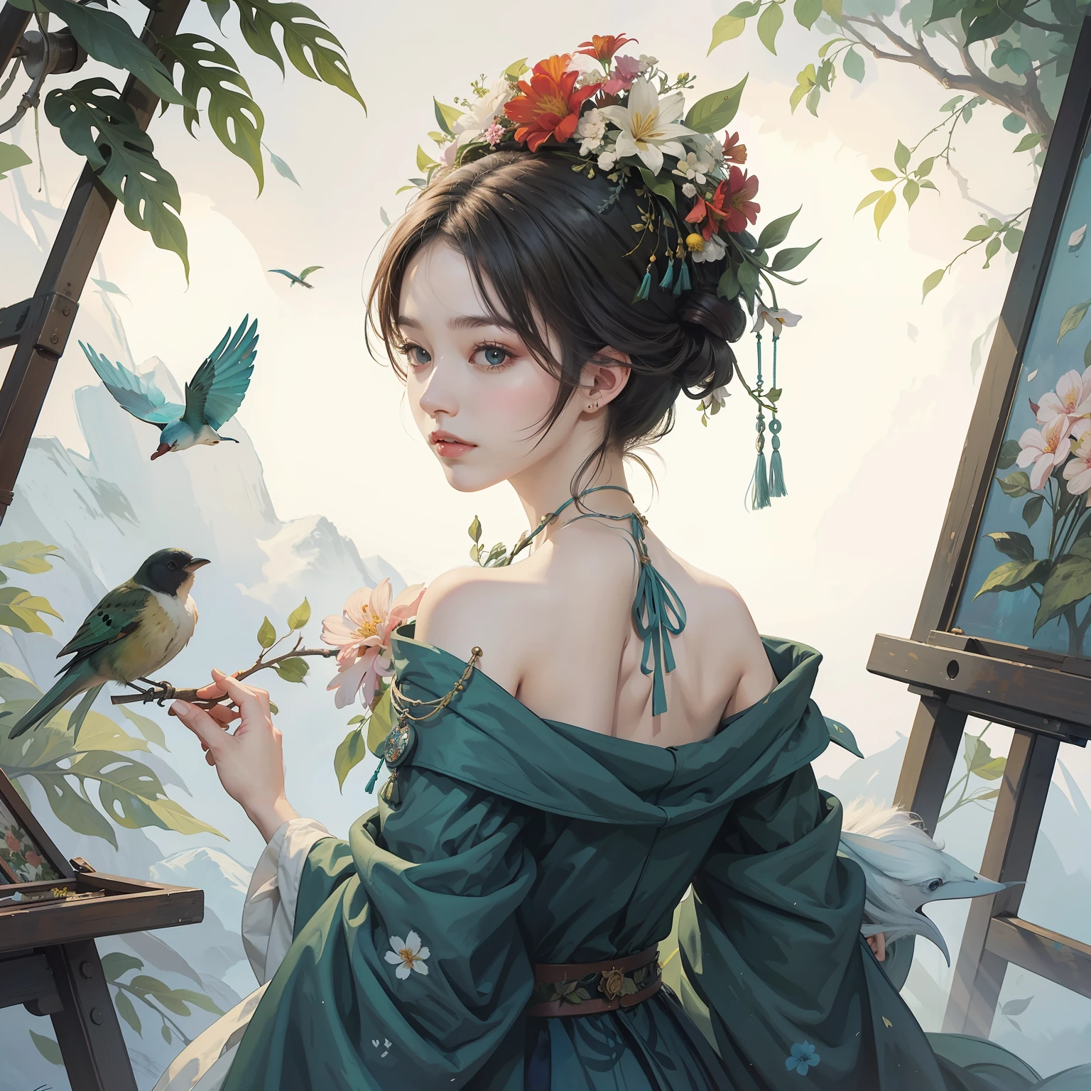 a painting of a woman with flowers and leaves on her head and a bird on her shoulder by James Jean