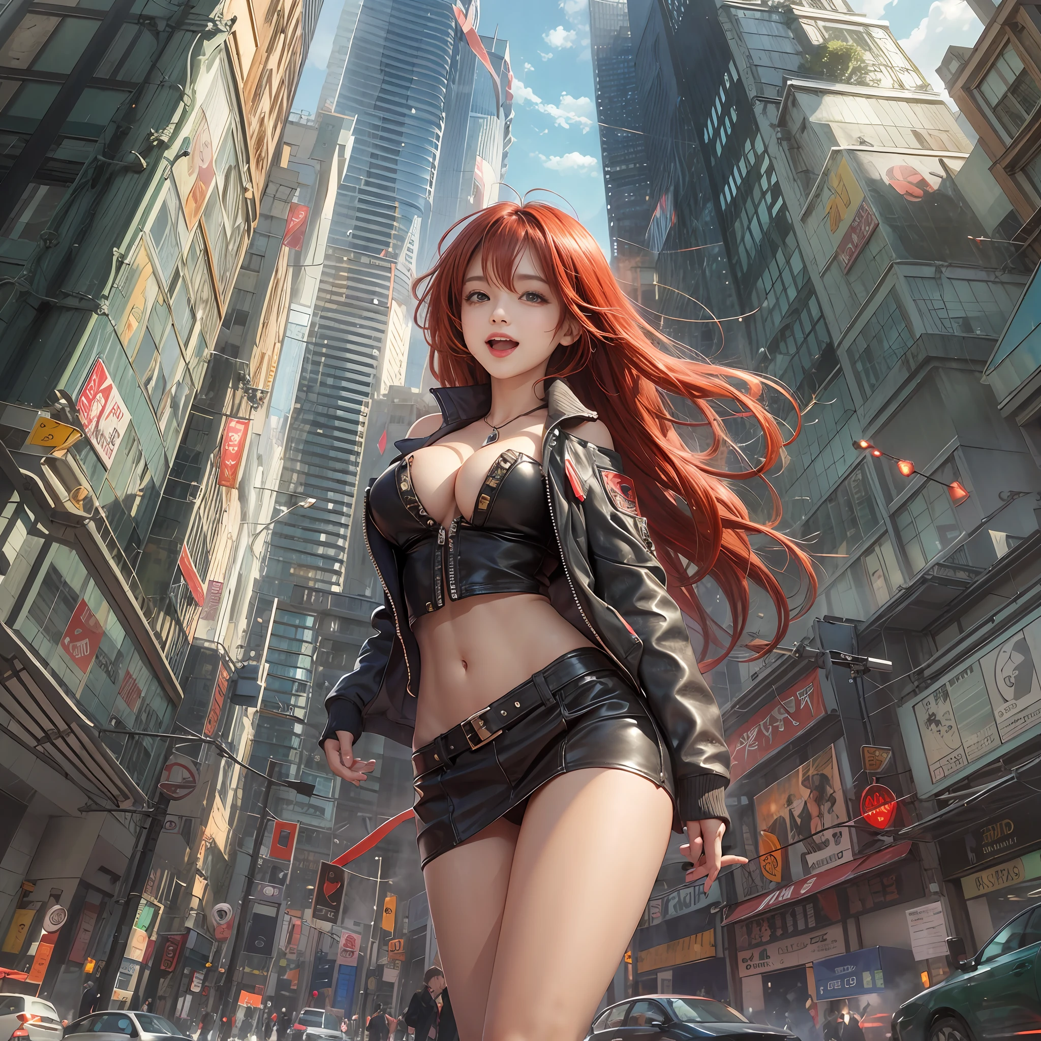 (masterpiece)), ((best quality)), (ultra-detailed), wallpaper, highest quality, dynamic pose, anime girl in skimpy clothes standing in a city looking up, 1girl, cleavage, large breasts, solo, navel, leather jacket, smile, leather skirt, long hair, looking at viewer, green eyes, sky, open mouth, cityscape, skyscraper, open jacket, open clothes, :d, underboob, red jacket, city, building, pleated skirt, red hair, off shoulder, bare shoulders, stomach, sleeveless