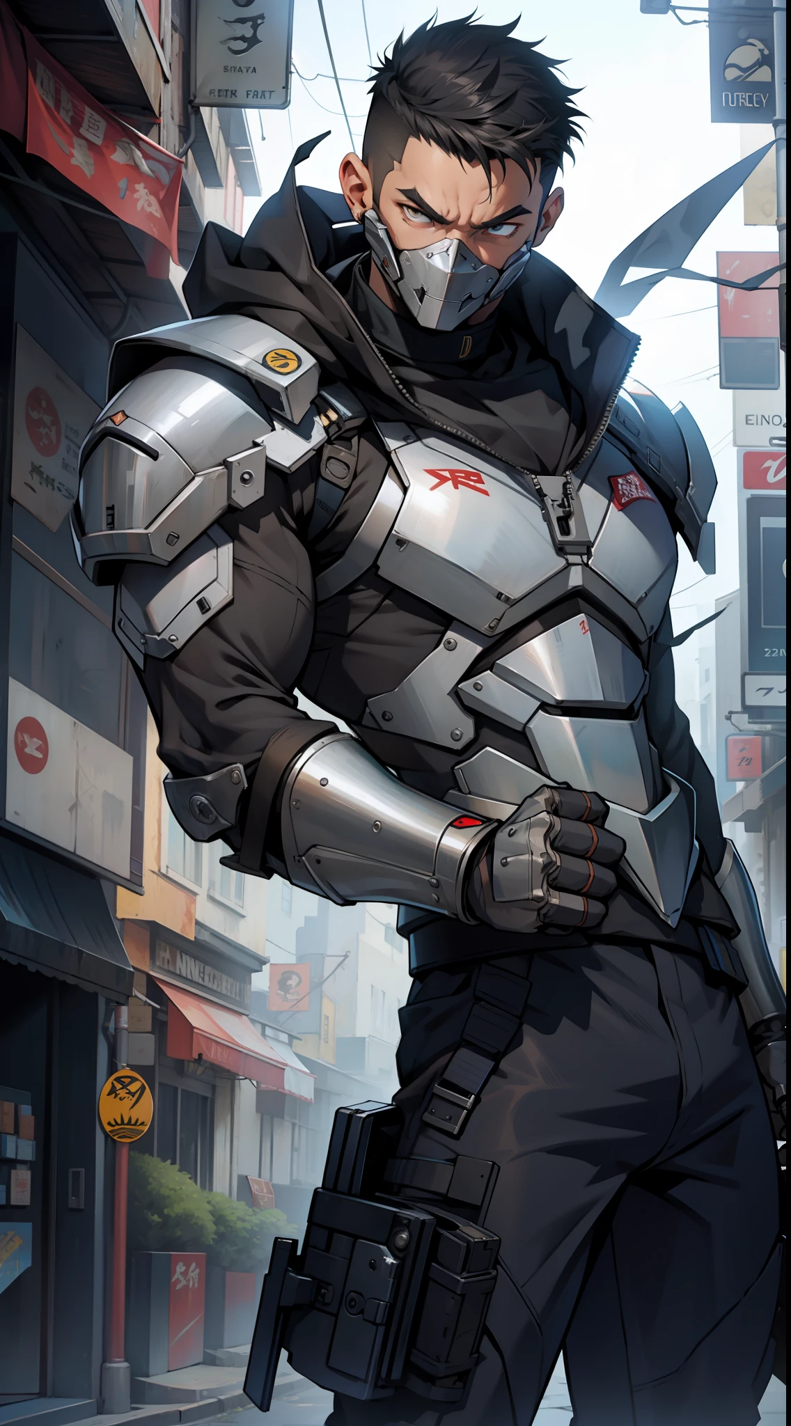 a cyborg guy armored wearing bandit clothes, strong