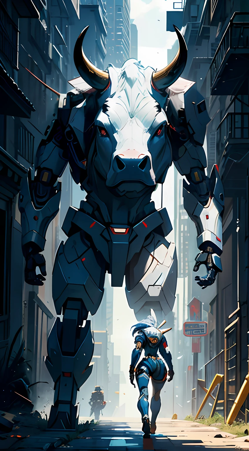 ((Draw the body of a mecha warrior in perfect proportions and coordination under the bull's head)),The perfect figure of a warrior in a metal mech costume,Mecha body,Two legs,Two arms,(realisticlying),(tmasterpiece),(Master painting),(light and shadow effect),(8k wallpaper),(HighestQuali),(Unreal 5)