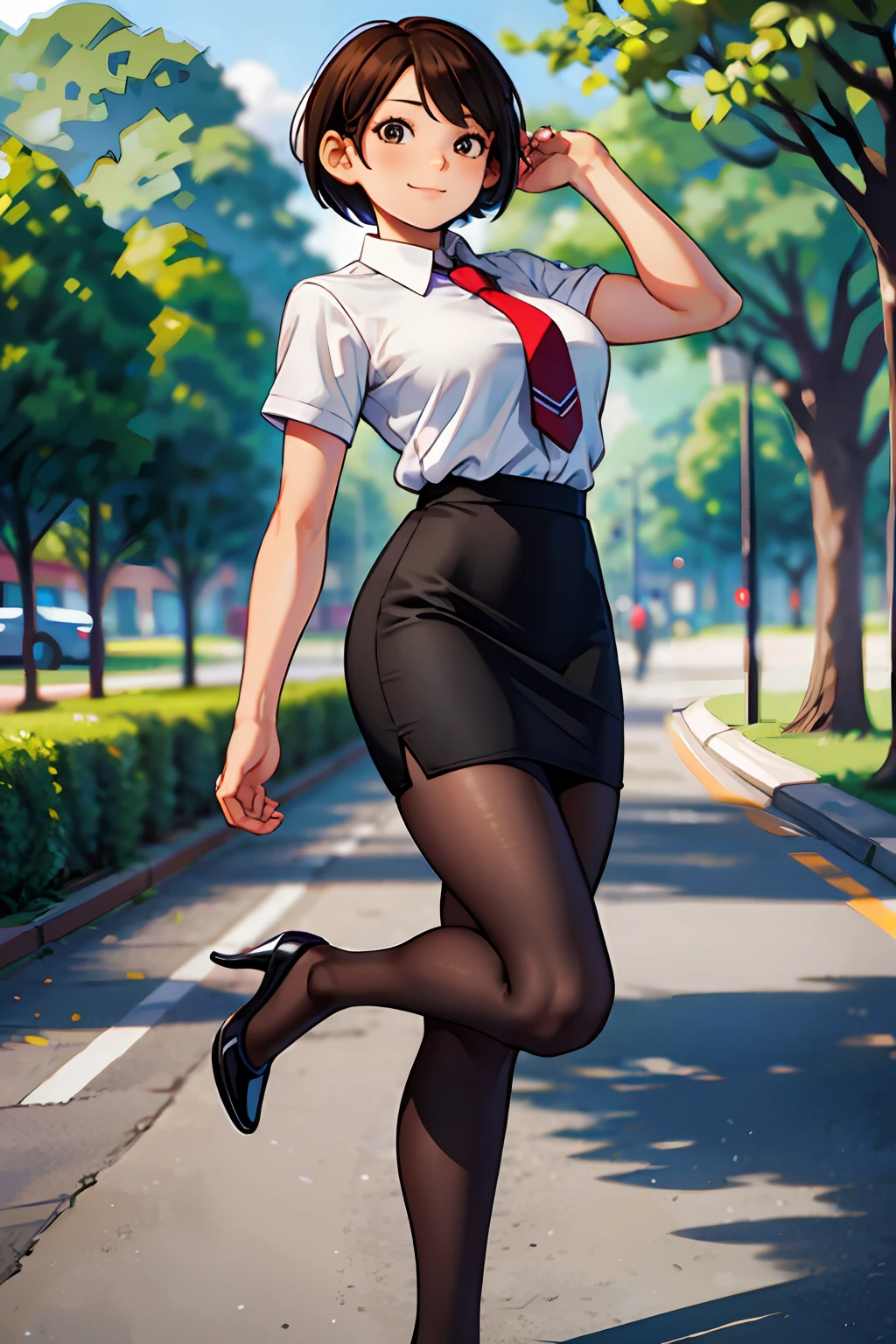 masterpiece, best quality,1girl,young girl,brown eyes,short hair,happy smile,shiny skin,(nice leg line:1.3),thick thighs,thin waist,huge breasts
BREAK
school uniform,necktie, ((pencil skirt)),pantyhose,high heels
BREAK
park,crowd look surprised,depth of field,looking at viewer,standing,from side,upper body,legsupsexms