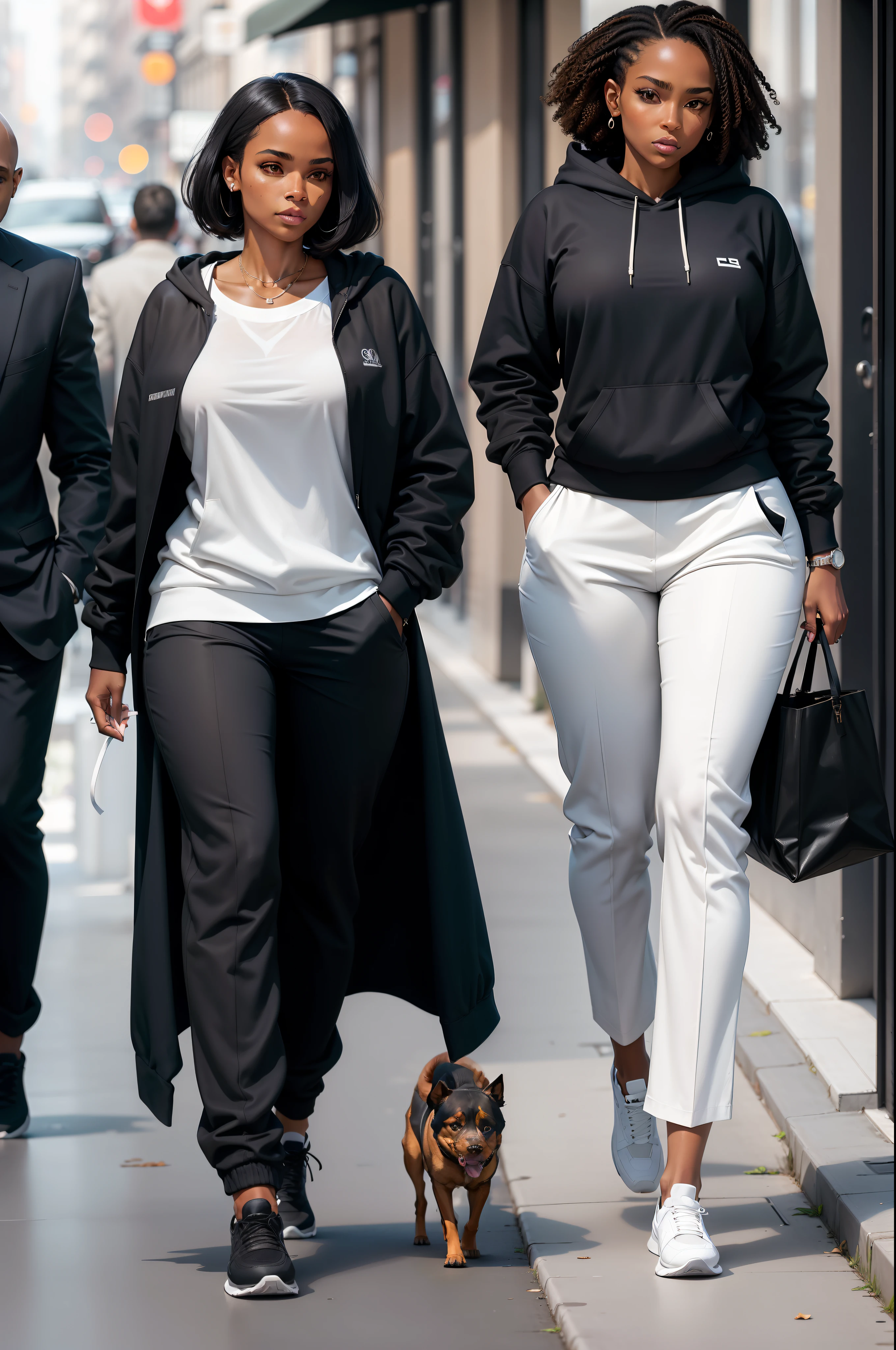 An elegant black woman in a white jogger, arborant de longs cheveux noirs, tenant son smartphone d'une main, dressed in trousers and a hoodie, avec des talons hauts, Walking early in the morning with his dog Rottweiler.