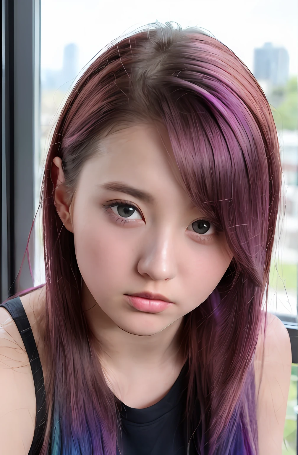 ModelShoot style,2girls,duo,RAW photogr,(Masterpiece:1.3), (absurderes:1.3), (Best quality:1.3), (8K), (large-scale masterpiece Digital art), (Detailed manga illustrations), (Handle Hair), Perfect anatomy, (Intricate details:1.3), (Ultra-detailed:1.3), (illustration:1.3), (Sharp focus:1.3), (Vivid colors:1.3), 1girll, Solo, azki, heartthrob, (Short hair:1), hair between eye, multicolored hair, (two tone color hair, Pink hair, Black hair), Purple eyes, Floating hair, Leaning back, (Sweat, drops of sweat), (Wet, Wet clothes, Wet hair, Glossy), (Shy, embarressed, Blush), cheer leader, Crop top, Skirt, Miniskirt, Indoors, (Classroom, classroom desk, school chair, window)