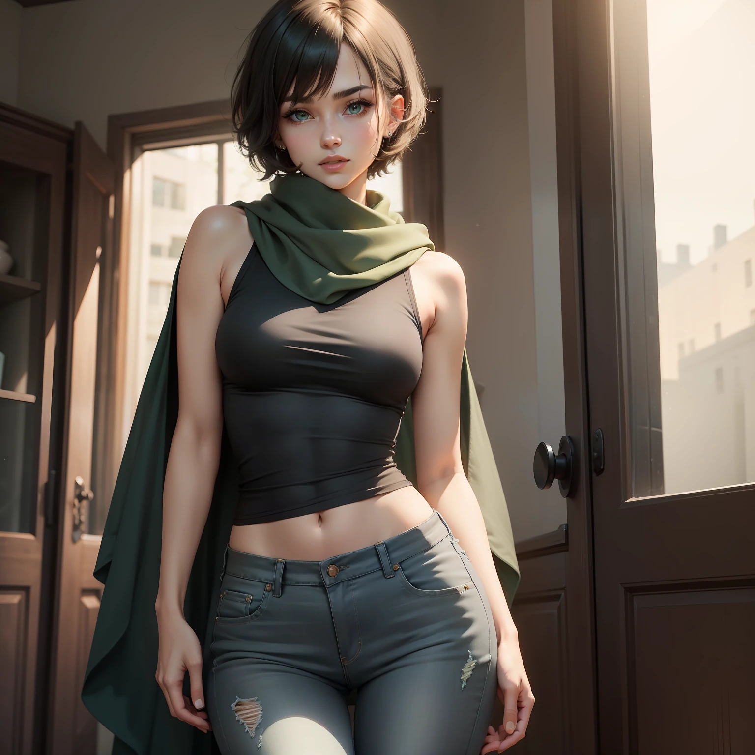 (best qualtiy,8K,32K,tmasterpiece,hyper HD:1.2),Short shawl hair,Wear a sleeveless gray undershirt,Dark green long-leg jeans underneath,gentle and cute,Ladylike,Whoosh,Beautiful and moving,Don't show your waist