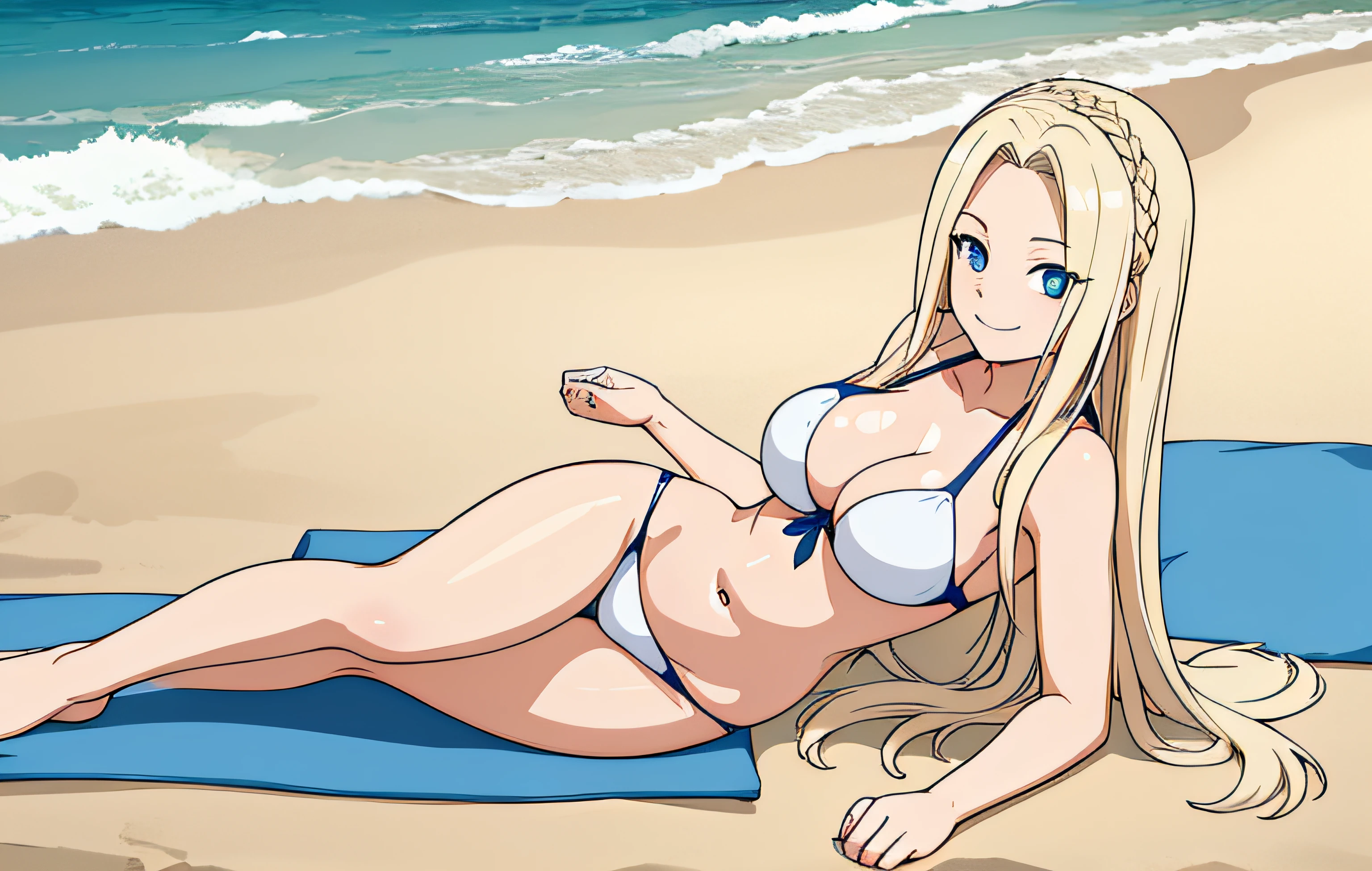 masterpiece, happy, smiling, white bikini, best quality, 1girl, standing in front of viewer, view from front, long blonde hair, double braids hairstyle, blue eyes, large breasts, happy, in beach setting, full body