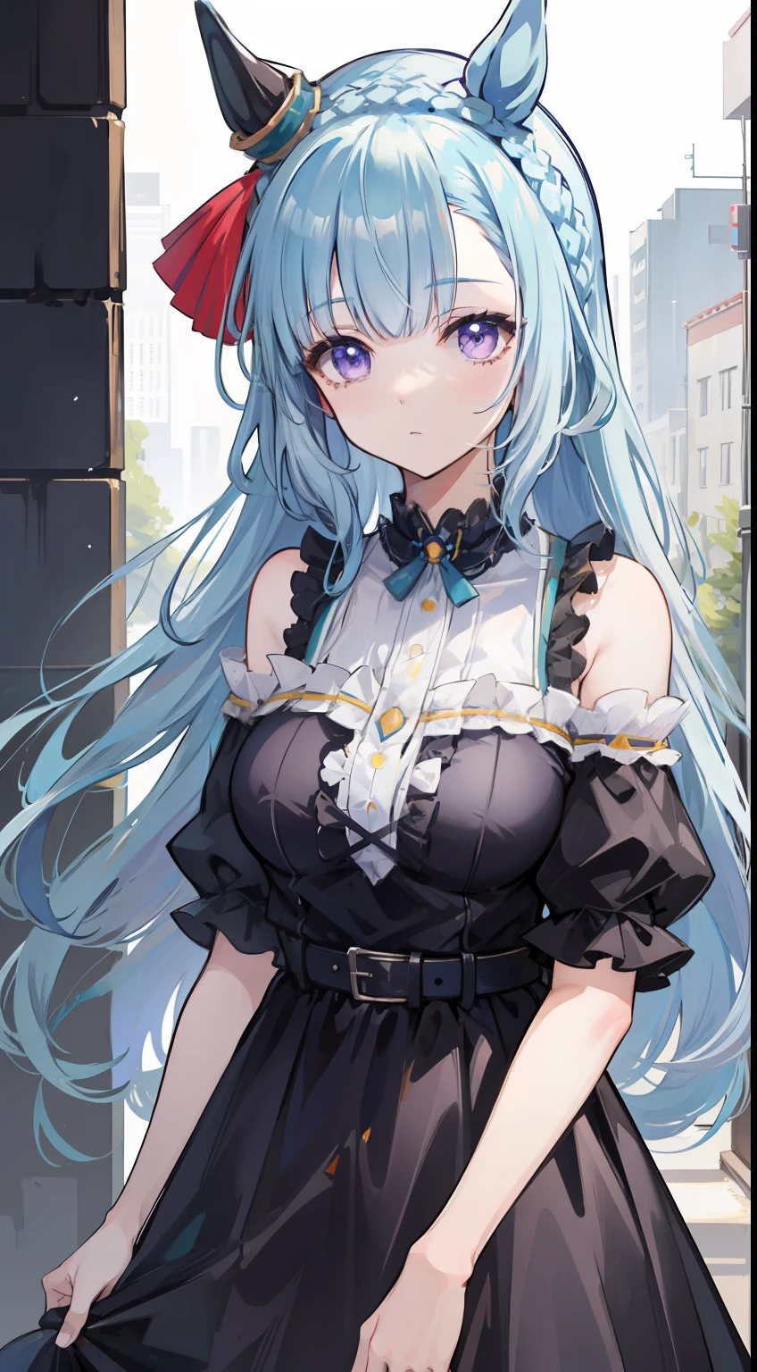 mejiro ardan(umamusume)、black dress、light blue hair、