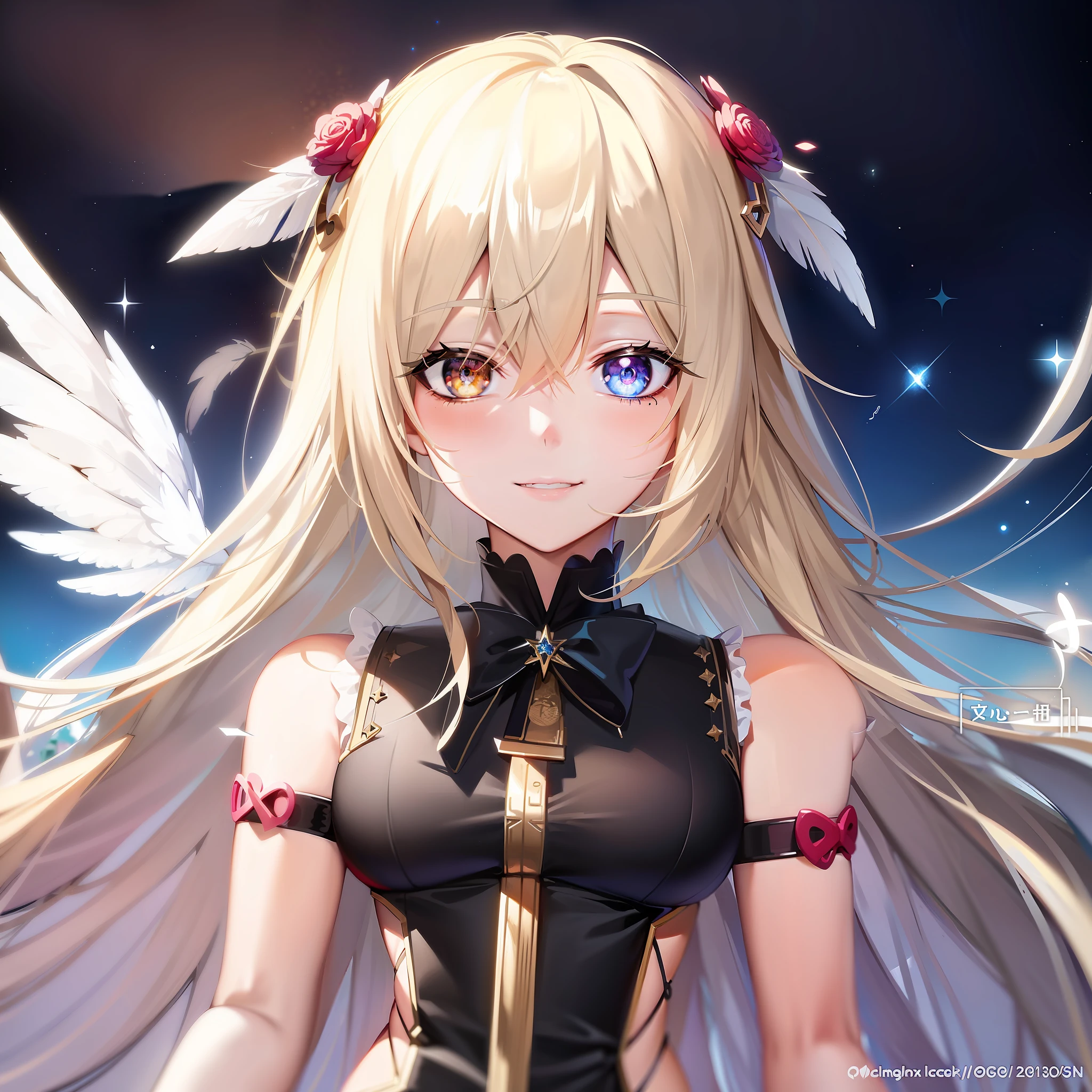 Anime girl with long blonde hair and angel wings in front of the night sky, Detailed key anime art, Detailed digital anime art, detailed portrait of an anime girl, a beautiful anime portrait, Stunning anime face portrait, Best anime 4k konachan wallpaper, shadowverse style, black anime pupils in her eyes, detailed anime character art, Key anime art