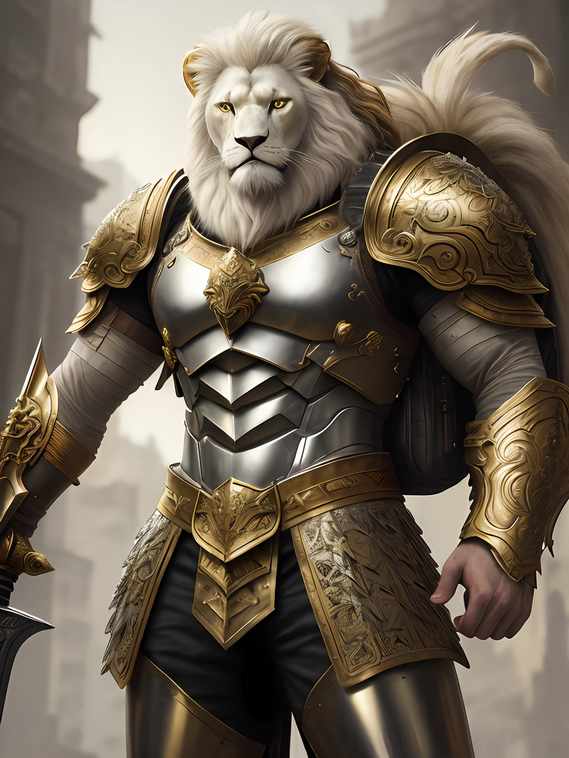 ,gold armor,metalictexture,Lion head, white Hairy,White lion,strong muscular man, street angry, backpack, Carrying a giant sword on his back,Knife at waist, epic realistic, photo, faded, complex stuff around, intricate background, soaking wet, neutral colors, ((((hdr)))), ((((muted colors)))), intricate scene, artstation, intricate details, vignette