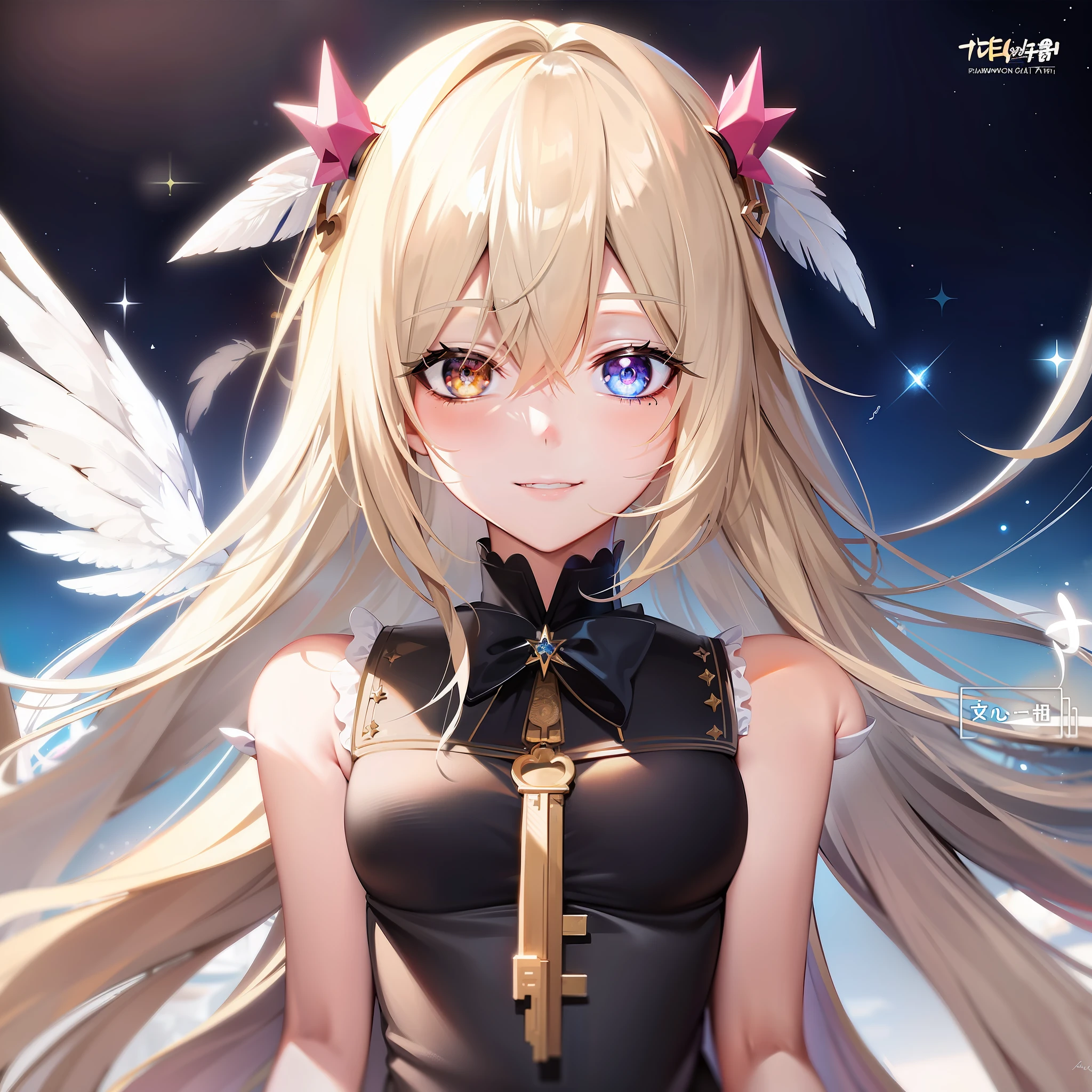 Anime girl with long blonde hair and angel wings in front of the night sky, Detailed key anime art, Detailed digital anime art, detailed portrait of an anime girl, a beautiful anime portrait, Stunning anime face portrait, Best anime 4k konachan wallpaper, shadowverse style, black anime pupils in her eyes, detailed anime character art, Key anime art