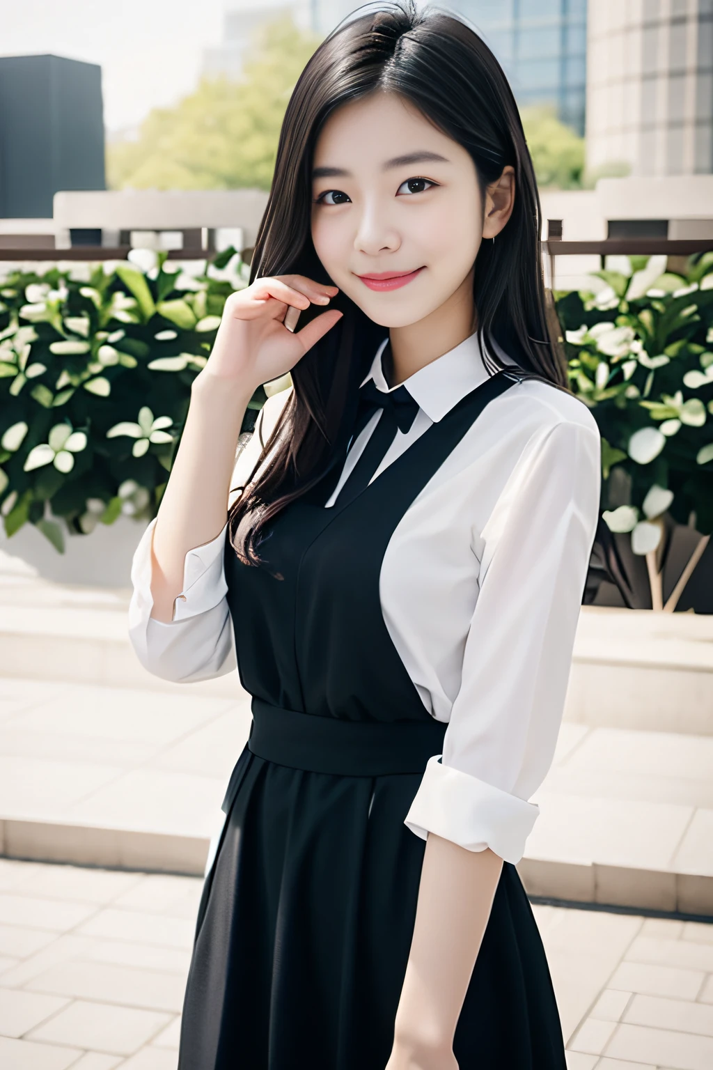a smile、White shirt、A dark-haired、campus
