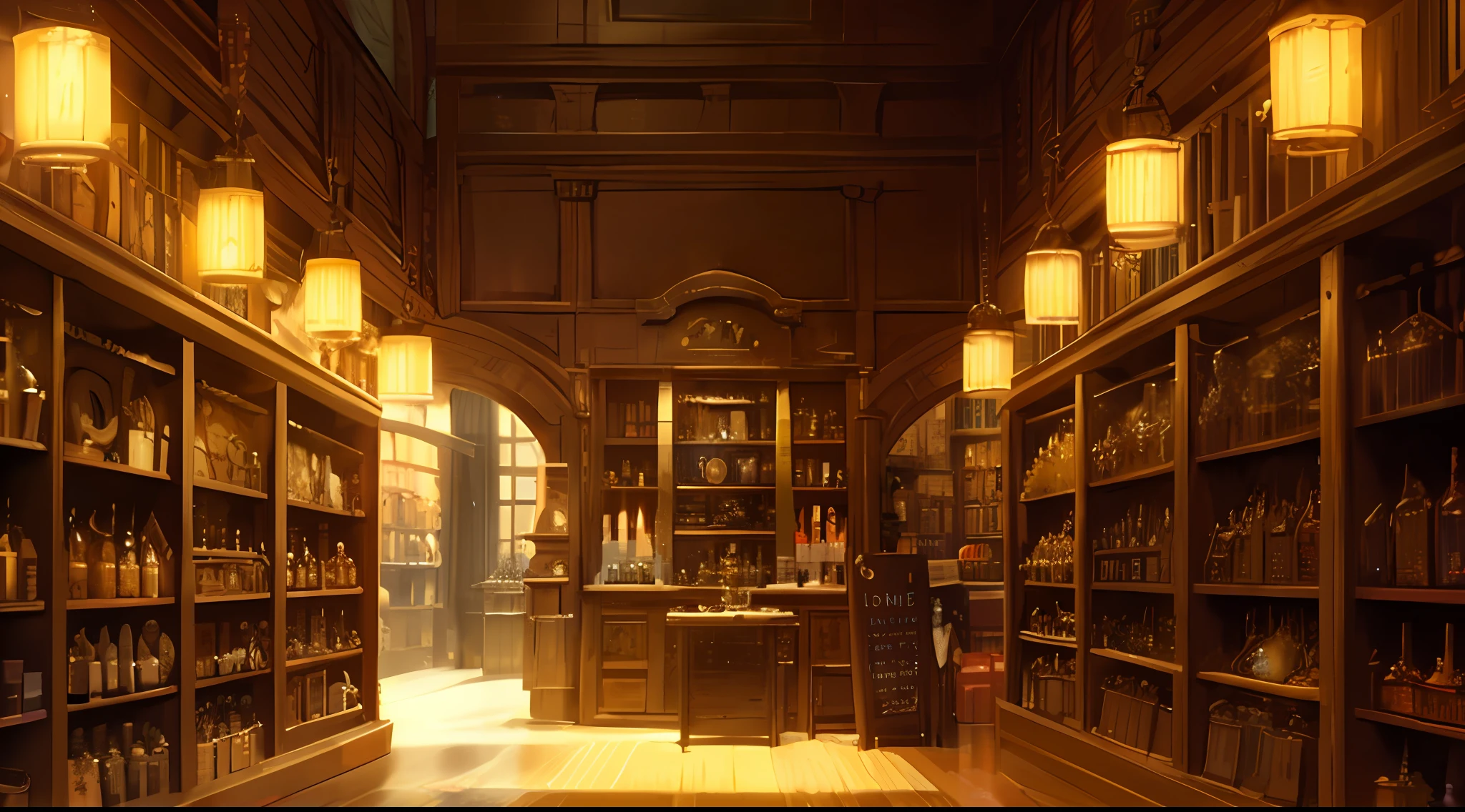 historical setting magic store inside, front view, harry potter, DIAGON ALLEY, showcase, textured, maximum detail, peltate plate, no people, Highest quality, masterpiece, magic potion, Mythological creatures