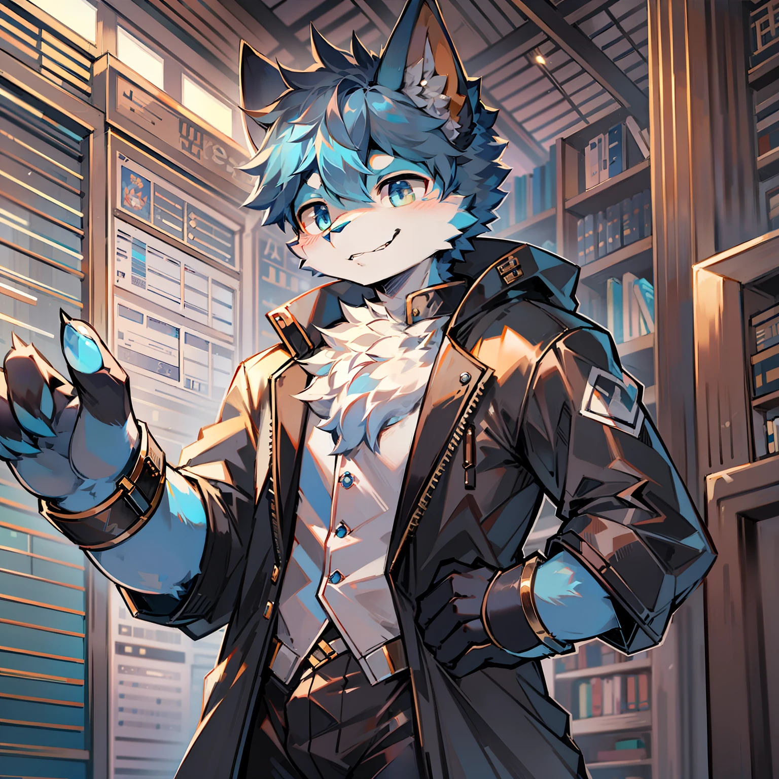 Cybermetropolis,Male blue cat,Electronic left eye,Chinese trench coat,libraryai,music sheets