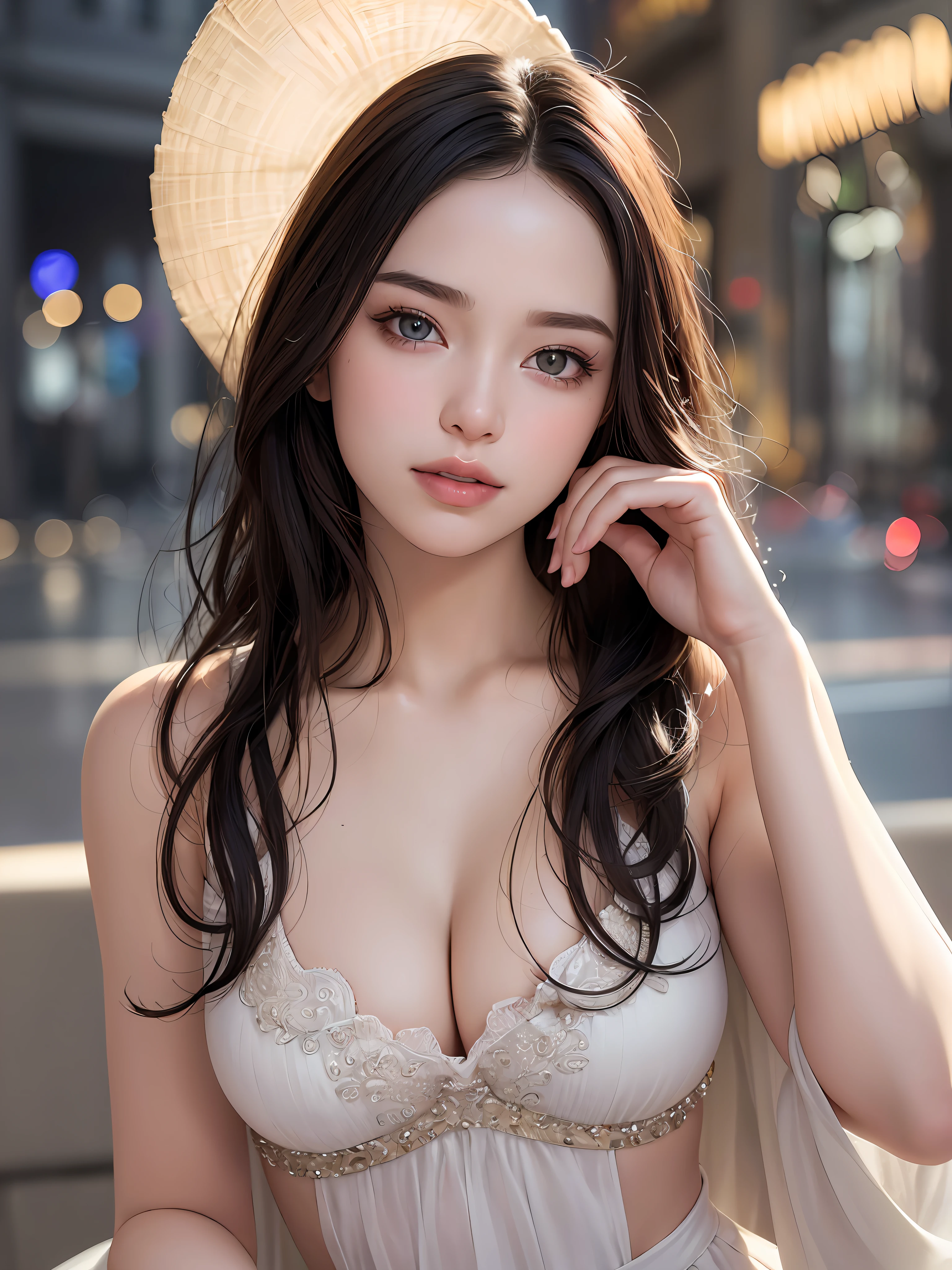 perfect posture, mix4,(64k, RAW photo, best quality, masterpiece:1.2), (realistic, photo-realistic:1.37),1girl,cute,cityscape, night, rain, wet, professional lighting, photon mapping, radiosity, physically-based rendering,, gradient black colour hair, black hair, short curly hair, girl, white ball suit, top quality picture, high resolution, 1080p, (clear face), (detailed facial description), (detailed hand description), (masterpiece), (exquisite CG), extreme light and shadow, messy hair, master's work, rich details, (fine facial features), (highest quality picture), (masterpiece), (detailed eyes),Look ahead with your eyes,Fine collarbone,(huge breast), (squatting pose), (highest hyper realistic:1.3), (highest illustration), (highest resolution), (extremely ultra highest detailed), (best illustration), (beautiful detailed eyes), (ultra highest detailed), (highest masterpiece), (wallpaper), (ultra highest detailed face), (tight abs), (realism photohyperrealistic) , (blushing whitened skin), (Best Quality), (((1 girl))), (hyperrealistic, photo-hyper-realistic:1.37), (ultra-detailed), (cute), (solo), (smile:1.15), (closed mouth) , (beautiful detailed eyes), (((whitened skin))), (skin white), (bright skin), (pretty skin), (fresh skin), (realism photohyperrealistic), (Best Quality), (( big Chest: 1.2)), (bikini: 1.1), (Highly Detailed Face and Skin Texture), (Fine Eyes), (very realistic), (portrait of 20 years old), (perfect beautiful) (face detailed), (cute face), (beautiful eyes), (perfect eyes detailed), (perfect anatomy), (very cute), (64k Resolution), (human hands), (elegant), (detailed hairstyle), (photohyperrealistic), (RAW photo:1.2), (best quality), (ultra high res), (((1 girl))), (medium hair),, (ultra-detailed), (uhd :1.4), (UHQ :1.4) , (photo of nike ardila artis indonesia)