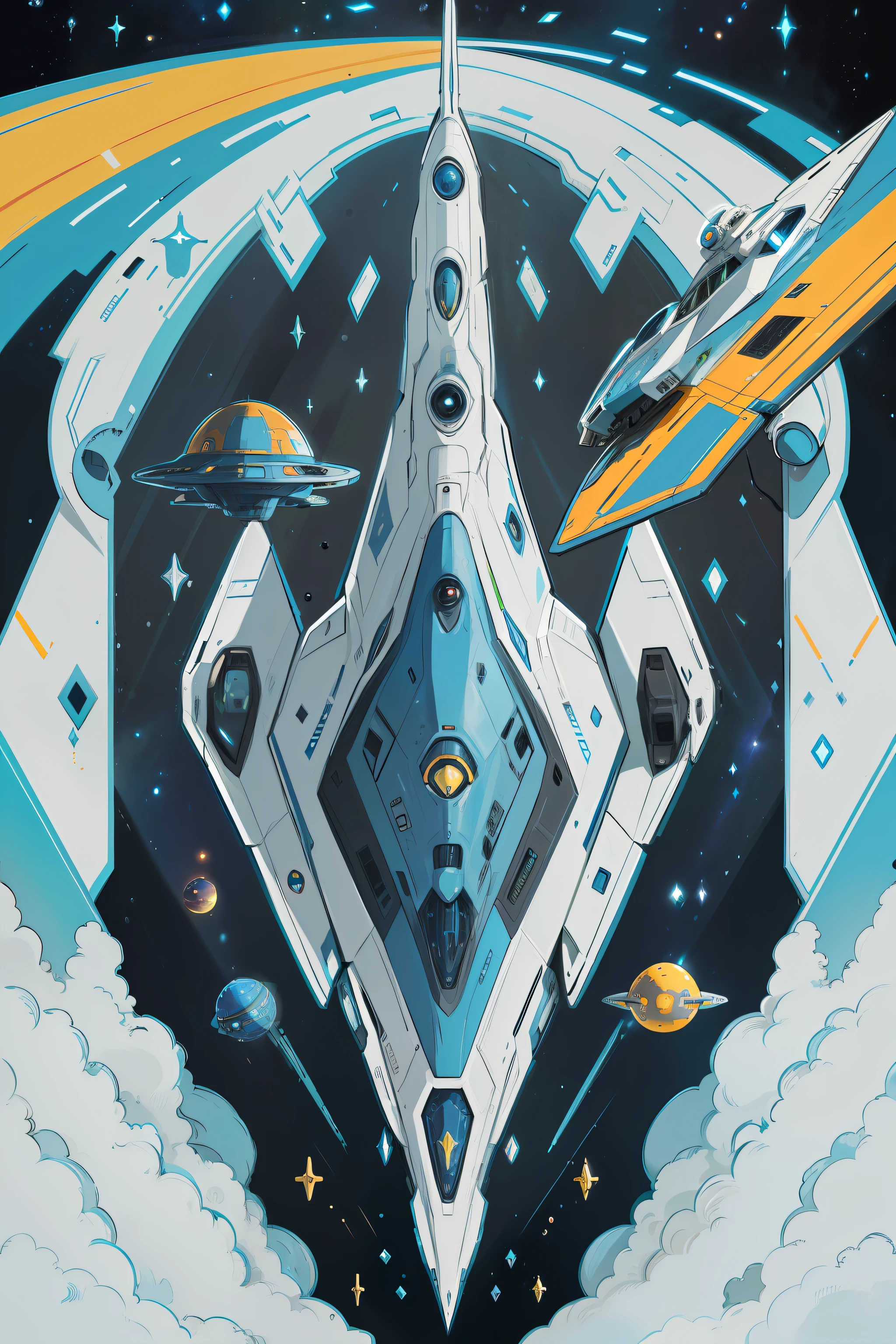 space,heavenly body,extraterrestial,Space exploration,future-tech,droid,fantastical creature,Spaceship,Alien scenes,Action,High-tech equipment,Colorful colors,Flat cartoon drawing,the detail,Traces of painting