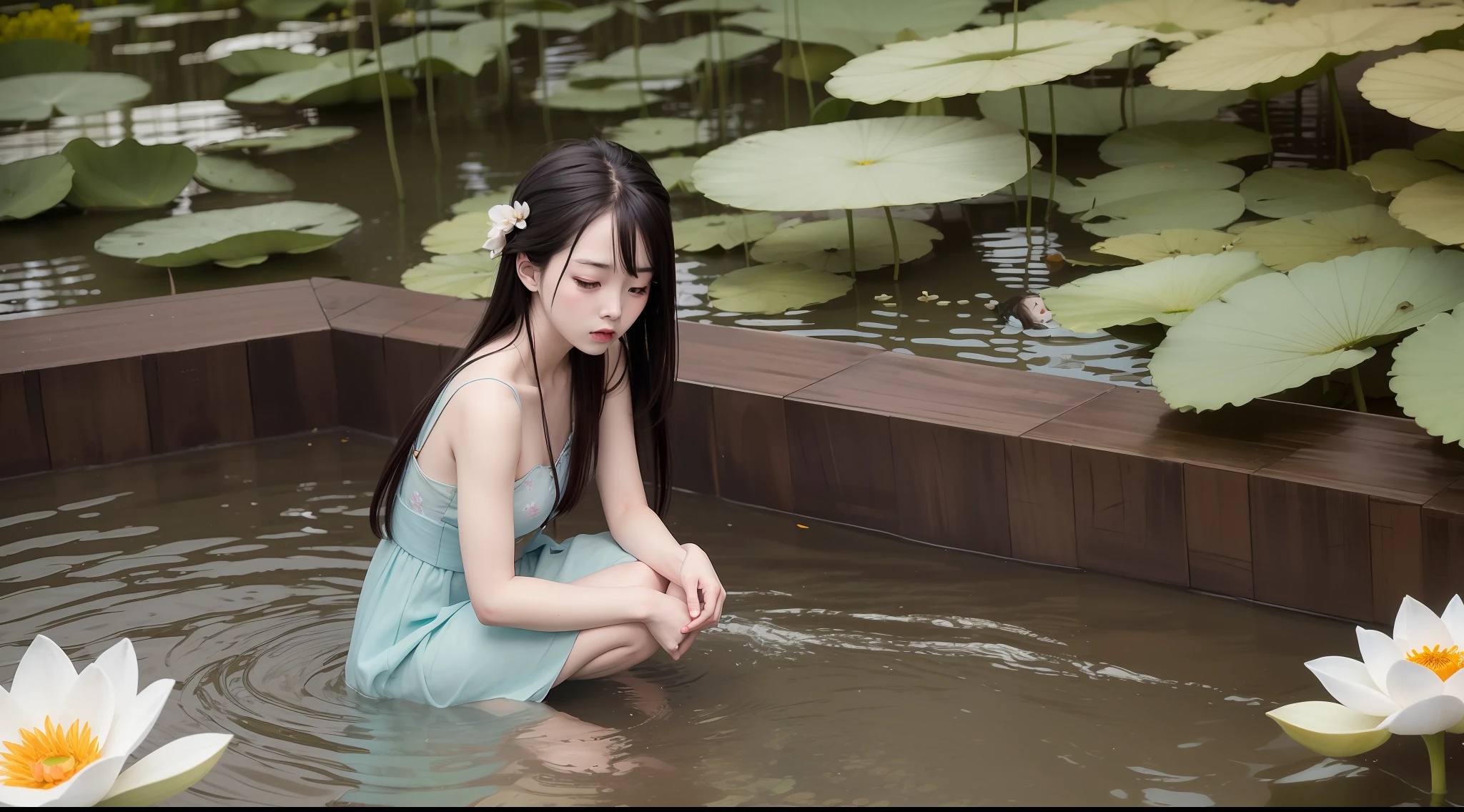 ((4k,masterpiece,best quality)), shuimobysim, Traditional chinese painting, lotuses, Hanfu, maxiskit, Dress conservatively 1girl, solo, blue long hair, weeping, crouch, Feet in the water, The barefoot,