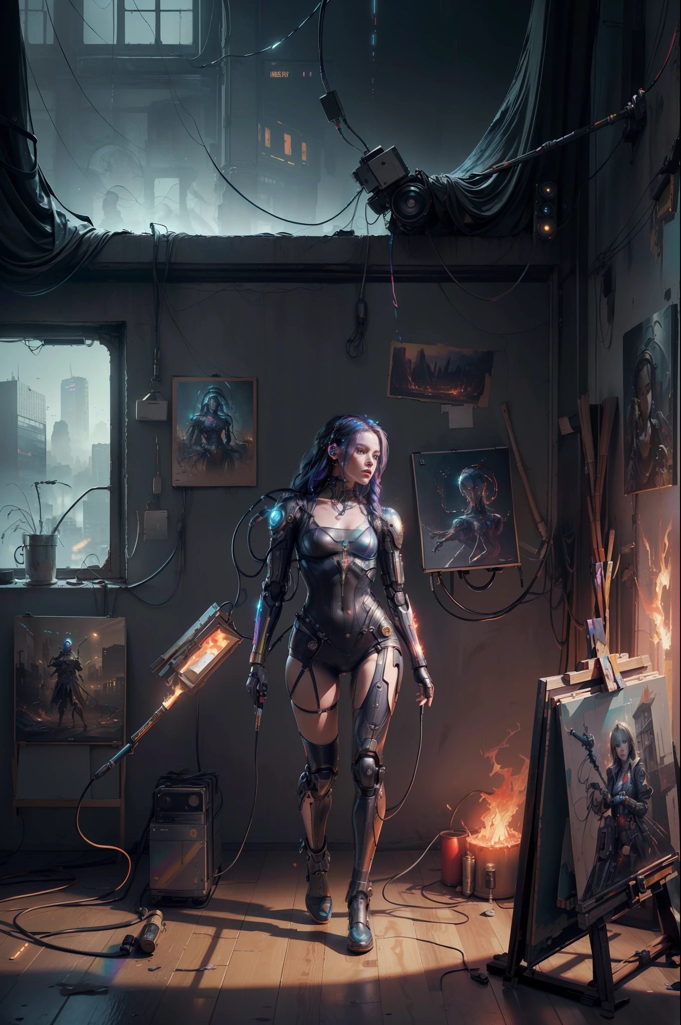 (masterpiece, best quality, highres, absurdres, detailed:1.2), humanoid, robot, wearing headphones, looking away, (cyberpunk, art canvas, paint brush, easel, iridescent, holographic: 1.6), (cables, wires, flames, fire, smoke, overheat, explosion, indoors, room, simple background)