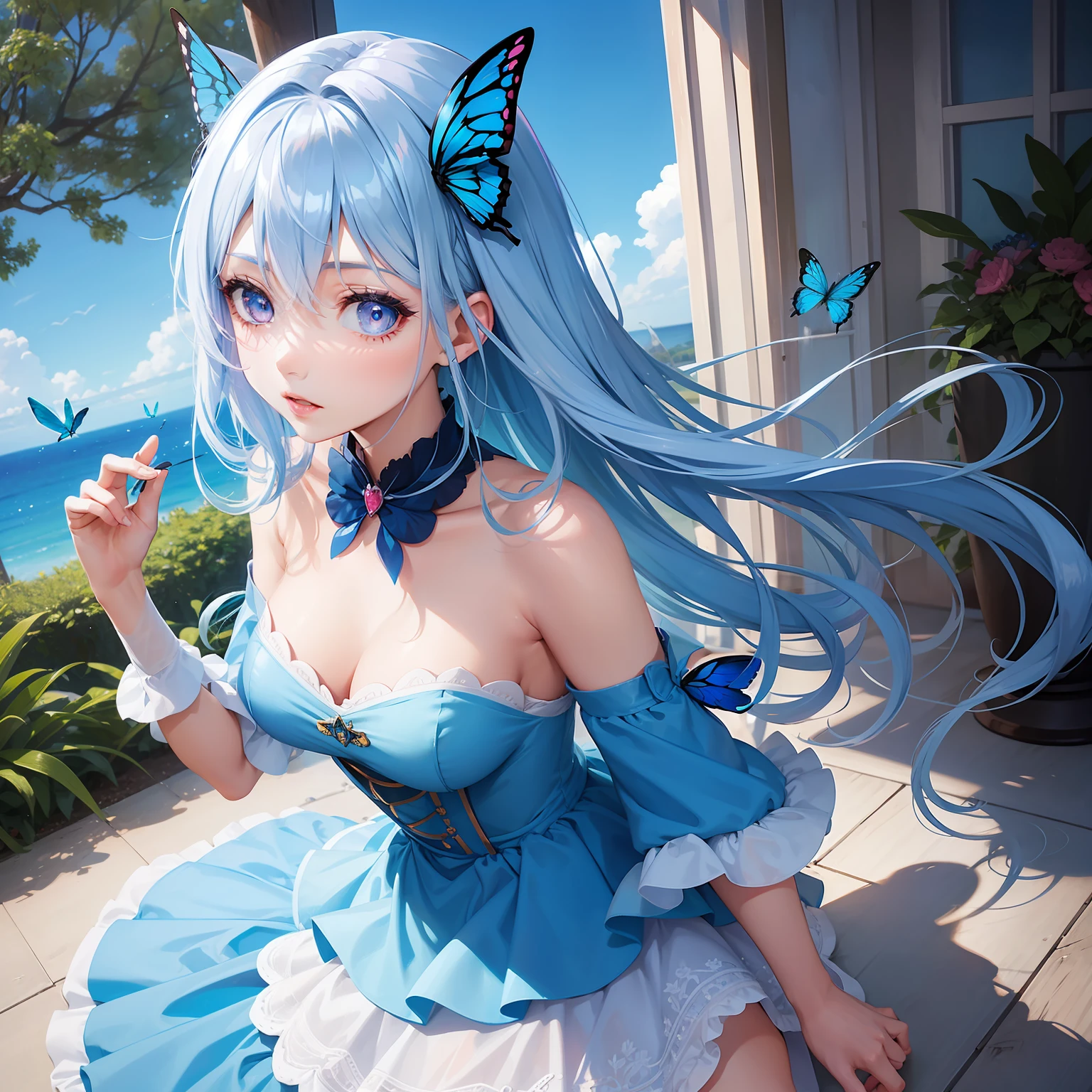a women, blue butterfly, blue hair, pink eyes, blue dress