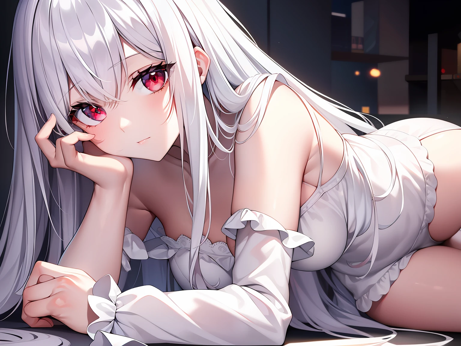 ((Masterpiece, Best quality))++, Detailed light+,  Detail hair+, detail hand+ ,1girll, woman, Long hair,   dark red eye,  Beautiful eyes, Young gray hair,,(Beautiful white hair:1.5),(Beautiful detailed eyes), ,    high resolution+,   Masterpiece,  , Glass tones, Reflective eyes,  {{Angle}} , extremelydetailedwallpaper, Original,full bodyesbian,office room,upper legs, Beth