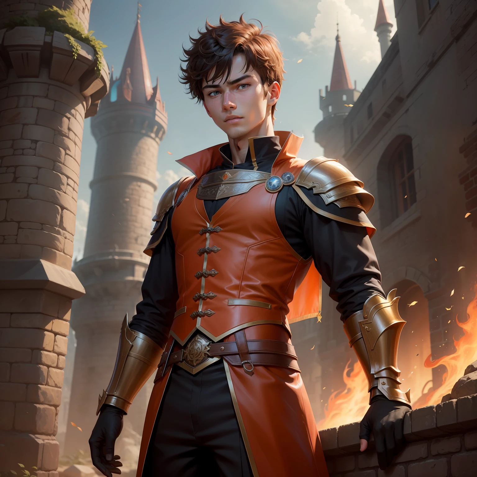 The animations are rich in detail,This is a high-quality 8K masterpiece。18-year-old teenager,A male,bachelorhood,Very motivated,Deep orange flat head,Vest armor,Castle background,Earth magic,Dust