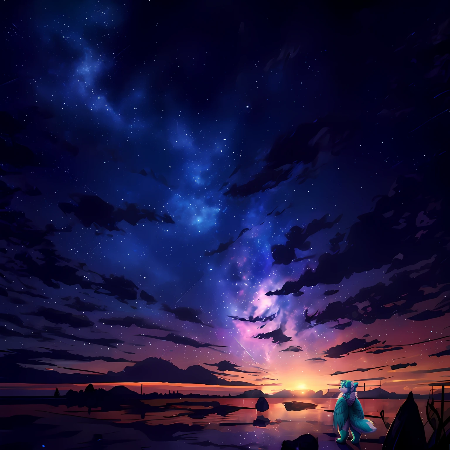 (Dark,Gurehatsu:1.2)Back,Plush all over,Canidae,Male body type,Feathered wings,(white colors,Mint blue)