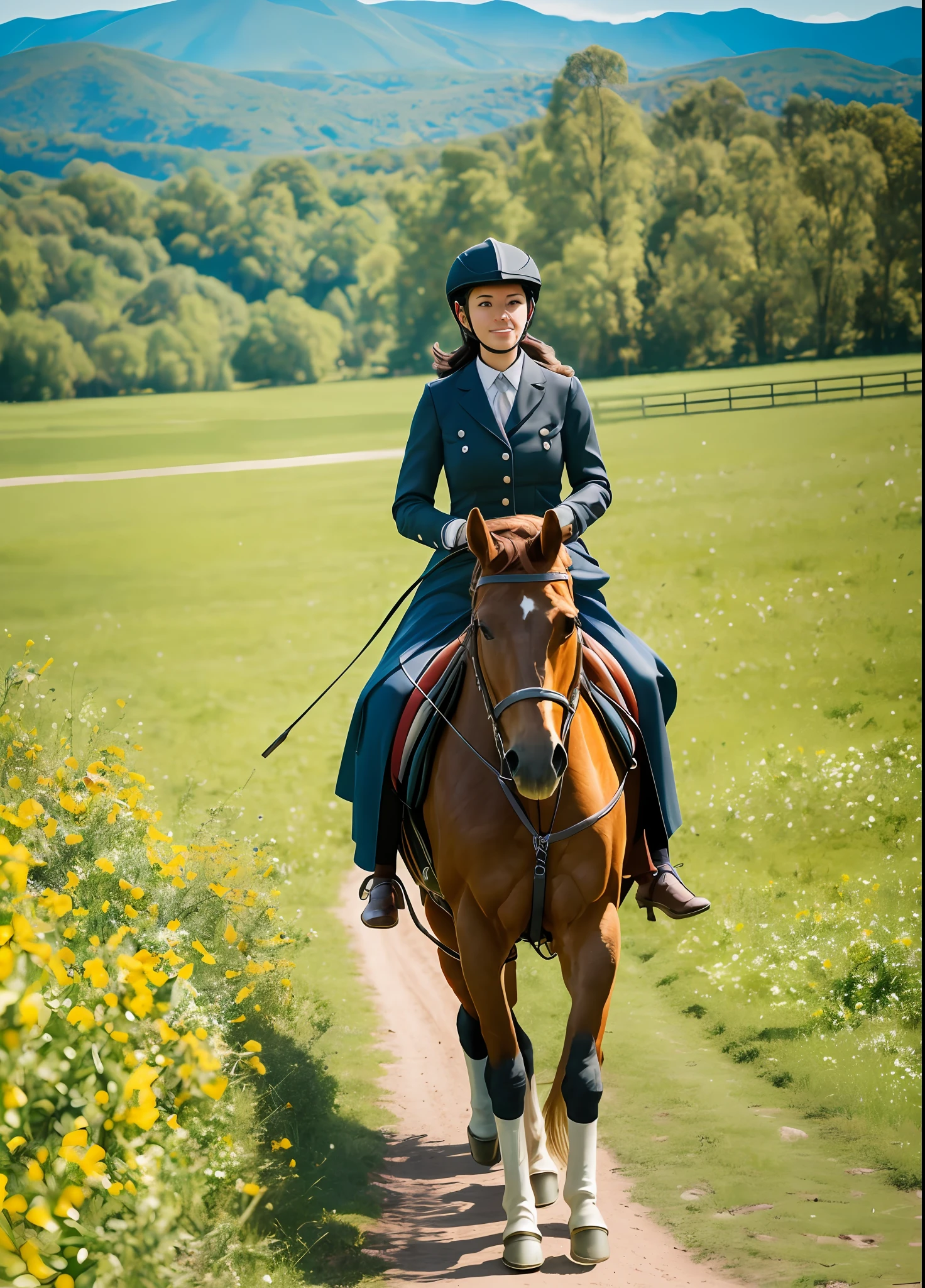 make her riding on a horse with nature in background Photo real, hyper-realistic, high dynamic range, rich colors, lifelike textures, 8K UHD, high color depth, Nikon D 850, Kodak Portra 400, Fujifilm XT --auto --s2