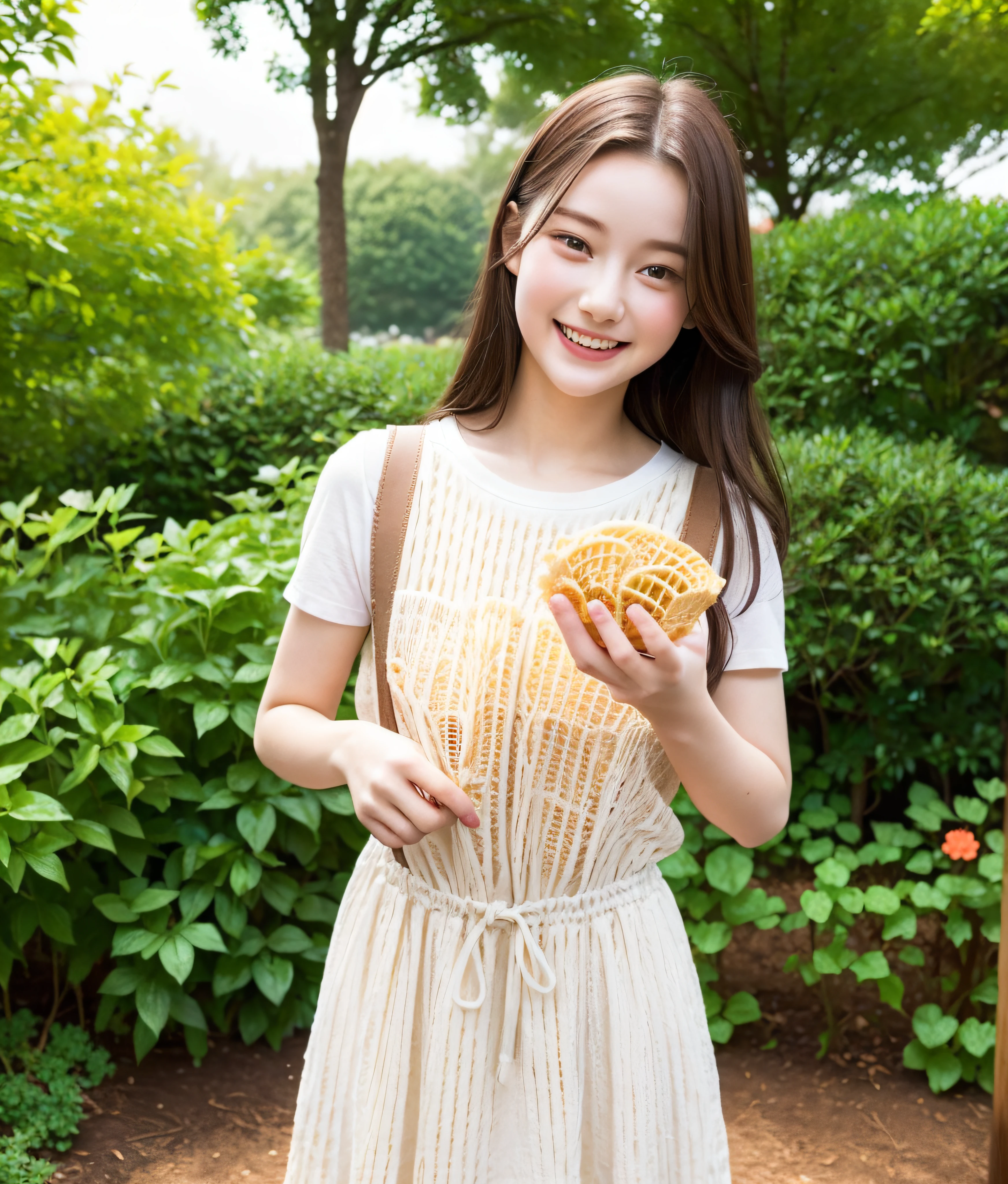 (Realistic:1.2), 18yo Girl, (((1 girl only))), garden park, (Happy expression, Standing: 1.2), (((handling the small croffle snack at a hand))), hair ornaments, pale skin, looking at the viewer, small waist, medium breast size, use beautiful T-shirt