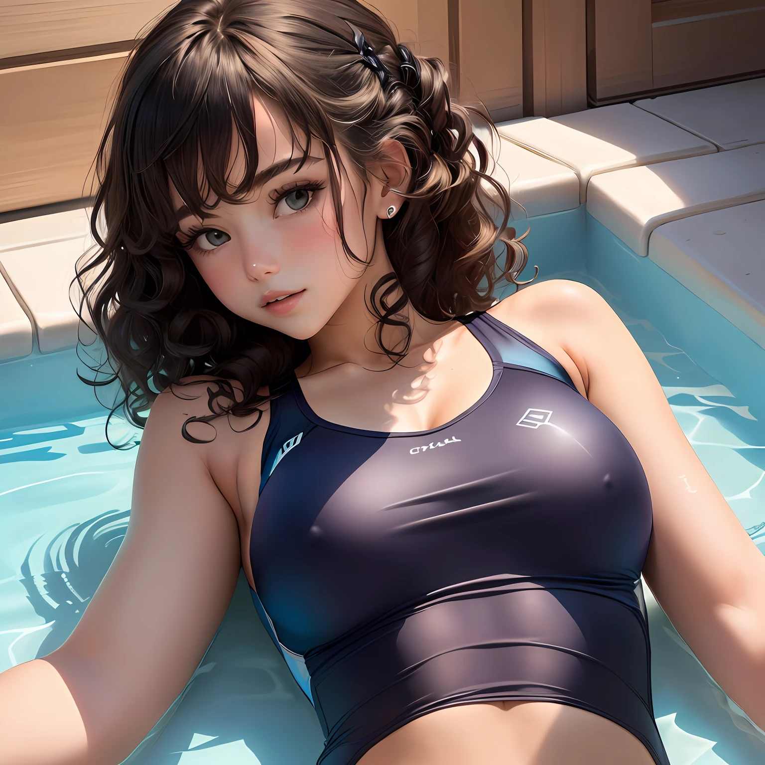 a girl in a swimsuit lying on her stomach with a black, curly, square. beautiful body