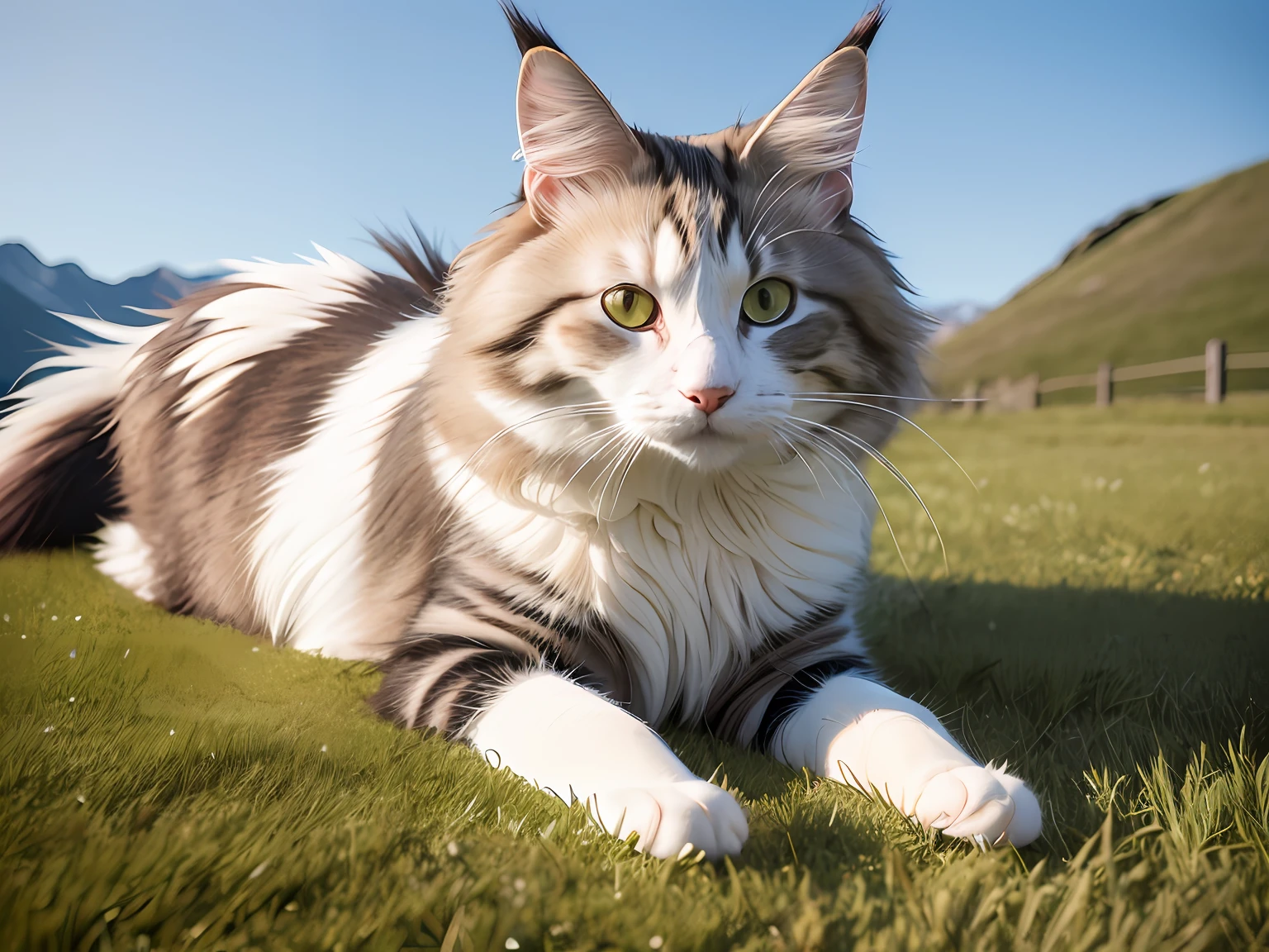 1cat, maine coon, Raccoon cat, Maine , White cat, Cat eyes, light blue  eyes, Heterochromatic, Tortoiseshell on the grass, Sit, During the day, Sitting on the Steppe, Long hair, Beautiful detailed eyes, Extremely detailed eyes and face, light in face, Cute, Best quality, Masterpiece, illustration, An extremely delicate and beautiful, Extremely detailed ,CG ,Unity ,8K wallpaper, Amazing, finedetail, Masterpiece, Best quality, offcial art, Extremely detailed Cg Unity 8K wallpaper, absurderes, unbelievable Ridiculous, hugefilesize, Ultra-detailed, A high resolution, Extremely detailed, (Best quality), (Realistic, photo-realistic:1.2), 8K, Soft lighting, High quality, offcial art, Extremely detailed Cg Unity 8K wallpaper, Cinematic lighting.