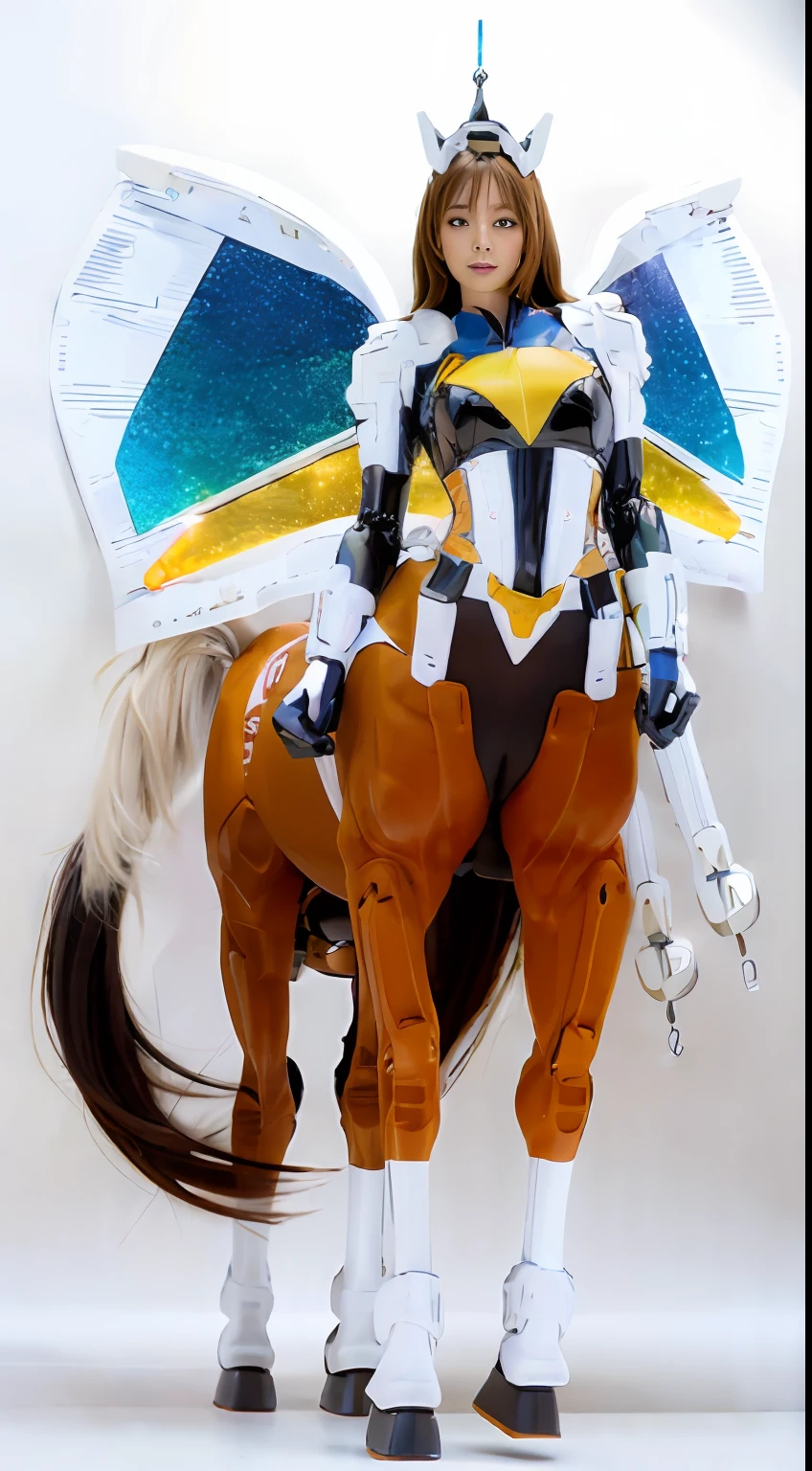A female centaur,She is famous in the multiverse,She is both a female centaur, half human, half horse, half horse,It is also a female Yingzhao。She blends both images,The first is the head of a horse/neck/Shoulder these parts,After feminization,The upper body transforms into a beautiful female human,Female, half-centaur, half-human, half-horse, half-human,The second is the waist of the horse/hason/gluteal/Legs feminine,Female half-horse with beautiful woman's,Chimer,It's like a female human wearing a half-horse-like costume and making a seamless chimera,This chimerization is based on powerful futuristic technology。The ultra-wide-angle lens captures the image of her sleek and ethereal wings charging and leaping on the ionosphere。Her front half is distinctly feminine,Tall sexy body,Has K cup teardrop-shaped giant tit chest,It has a small man's waist butterfly spanning long legs,The half-horse part of the hind body,Embedded interface in the front half of the body hip position。The horse-shaped, half-horse torso form of her back body is completely female and humanized。A sexy bent dog-style shaped ribcage embedded in the lower back position of the beautiful woman's body from the upper end of the sternum/lower back/Ventral transverse。Then there are the sexy beauty's upright hips,Her entire body has been completely feminized,Including the half-horse part。Mechanized armor covers the legs with knee-shaped anti-joints and feet,And these parts are highly anthropomorphic,This makes her legs graceful and slender,Her four horse legs exploded in length proportions and was slender and toned,Under the legs are skinny white feet dressed in Skyscraper Heels,Use Midjourney's advanced stroke tools and color palettes, as well as texture packs, model packs, and texture tools,Concentration,Femaleize all parts of her original equine physiologic appearance,And give these parts an ergonomic appearance,Fine treatment of the thoracic and abdominal cavity of the posterior body,As well as hips and