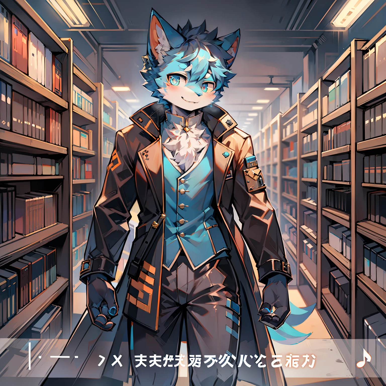 Cybermetropolis，Male blue cat，Electronic left eye，Chinese trench coat，libraryai，music sheets