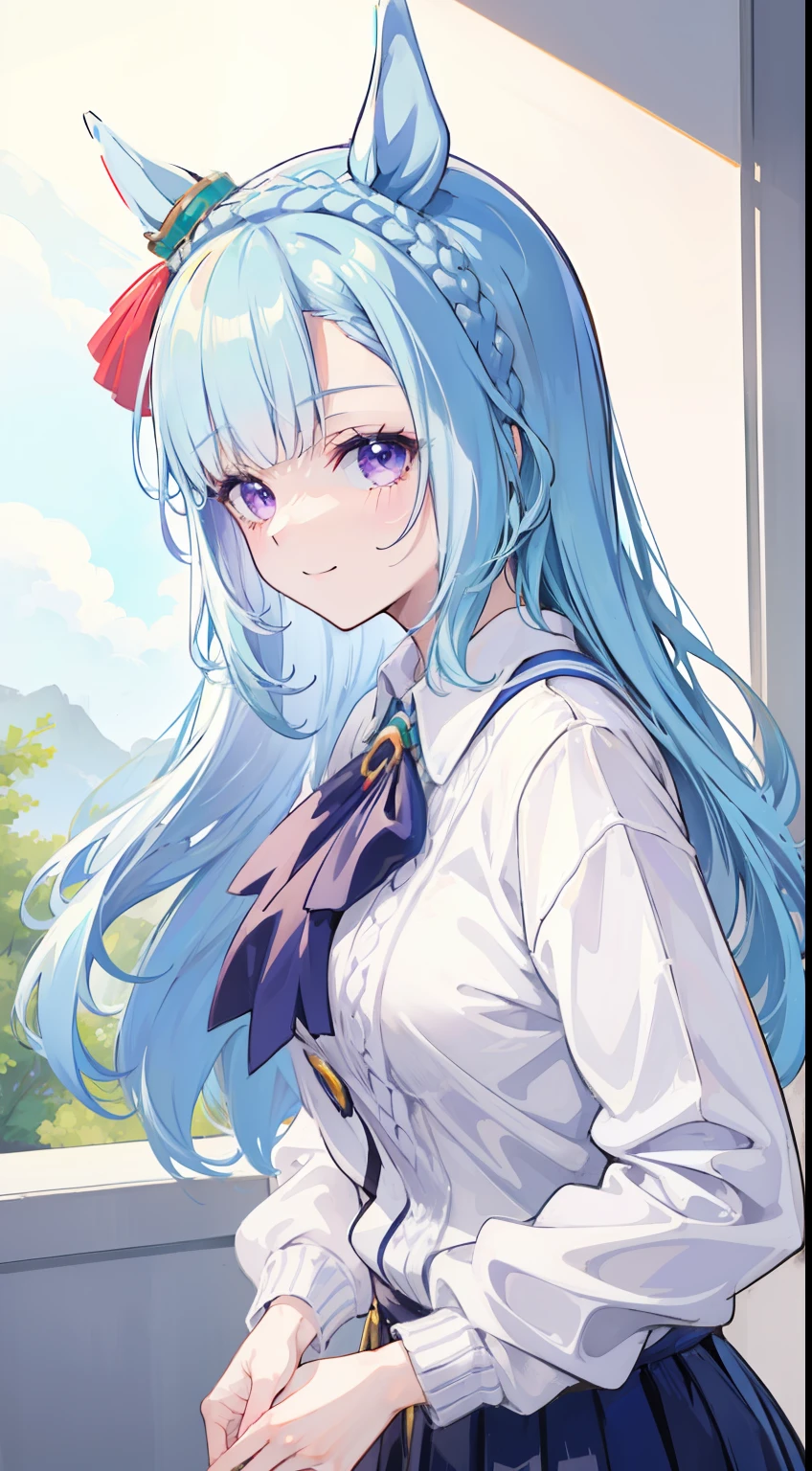 mejiro ardan(umamusume)、white sweater、light blue hair、smile