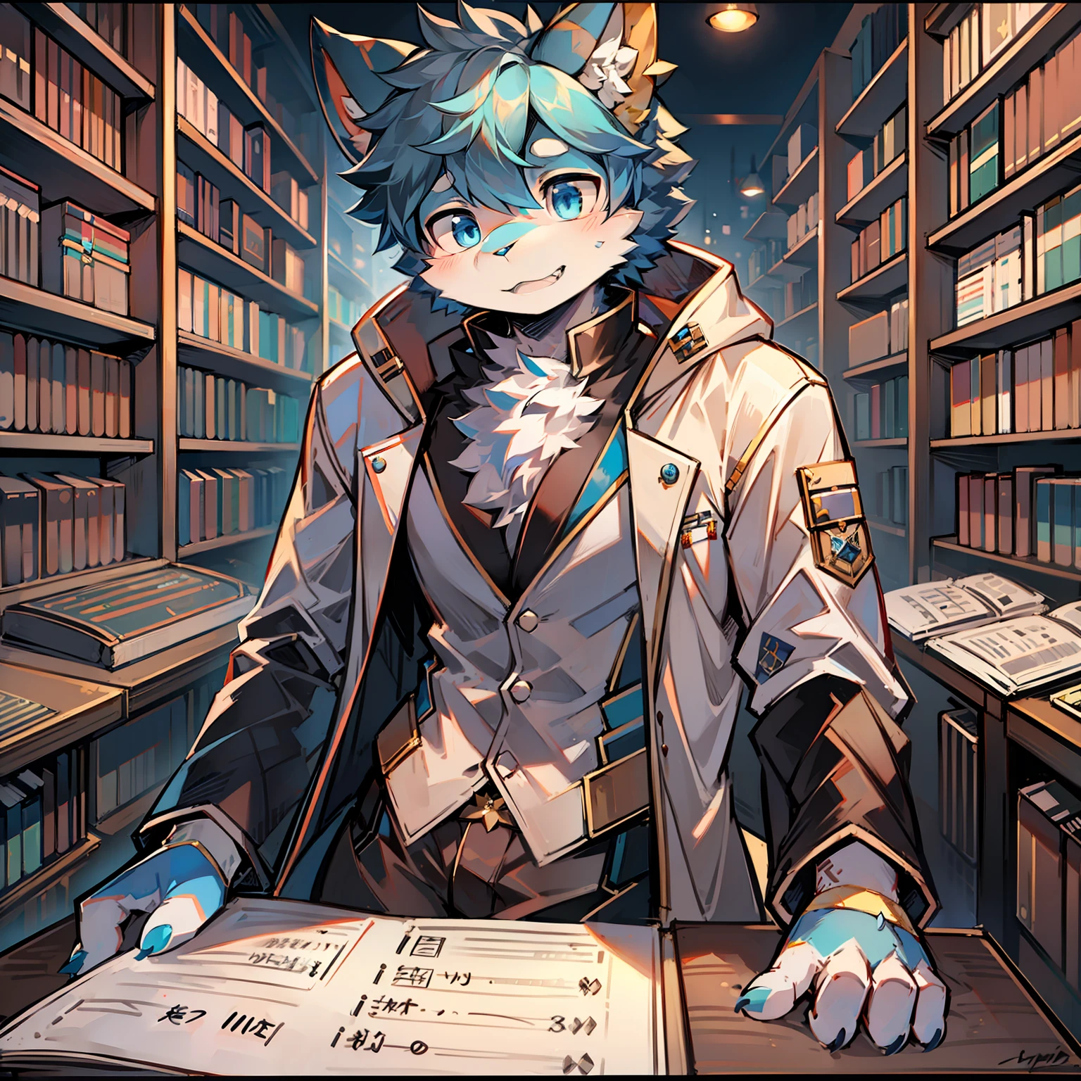 Cybermetropolis,Male blue cat,Electronic left eye,Chinese trench coat,libraryai,music sheets