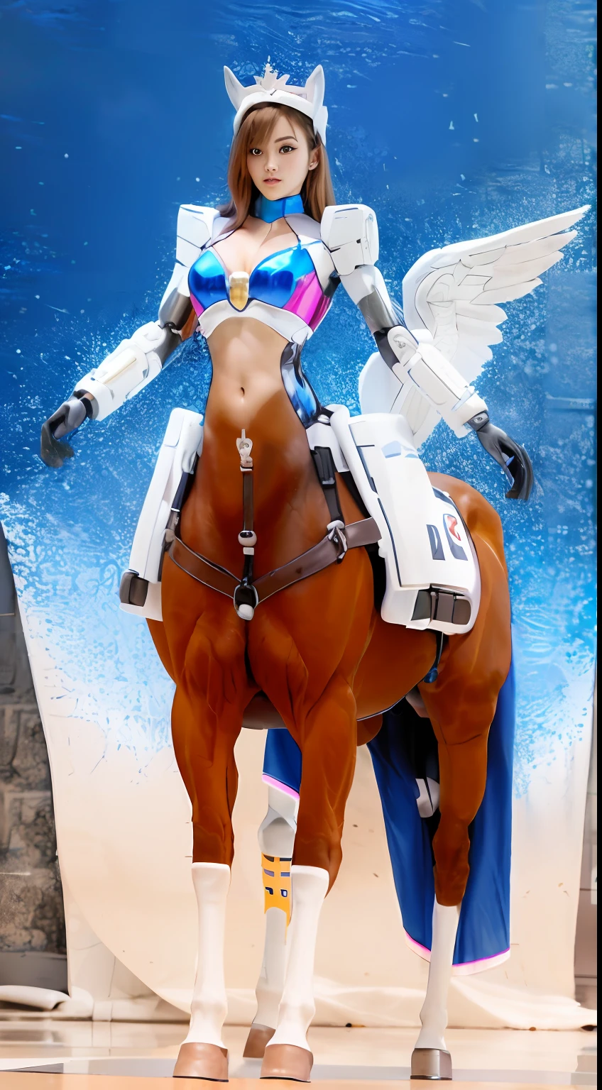 A female centaur，She is famous in the multiverse，She is both a female centaur, half human, half horse, half horse，It is also a female Yingzhao。She blends both images，The first is the head of a horse/neck/Shoulder these parts，After feminization，The upper body transforms into a beautiful female human，Female, half-centaur, half-human, half-horse, half-human，The second is the waist of the horse/hason/gluteal/Legs feminine，Female half-horse with beautiful woman's，Chimer，It's like a female human wearing a half-horse-like costume and making a seamless chimera，This chimerization is based on powerful futuristic technology。The ultra-wide-angle lens captures the image of her sleek and ethereal wings charging and leaping on the ionosphere。Her front half is distinctly feminine，Tall sexy body，Has K cup teardrop-shaped giant tit chest，It has a small man's waist butterfly spanning long legs，The half-horse part of the hind body，Embedded interface in the front half of the body hip position。The horse-shaped, half-horse torso form of her back body is completely female and humanized。A sexy bent dog-style shaped ribcage embedded in the lower back position of the beautiful woman's body from the upper end of the sternum/lower back/Ventral transverse。Then there are the sexy beauty's upright hips，Her entire body has been completely feminized，Including the half-horse part。Mechanized armor covers the legs with knee-shaped anti-joints and feet，And these parts are highly anthropomorphic，This makes her legs graceful and slender，Her four horse legs exploded in length proportions and was slender and toned，Under the legs are skinny white feet dressed in Skyscraper Heels，Use Midjourney's advanced stroke tools and color palettes, as well as texture packs, model packs, and texture tools，Concentration，Femaleize all parts of her original equine physiologic appearance，And give these parts an ergonomic appearance，Fine treatment of the thoracic and abdominal cavity of the posterior body，As well as hips and