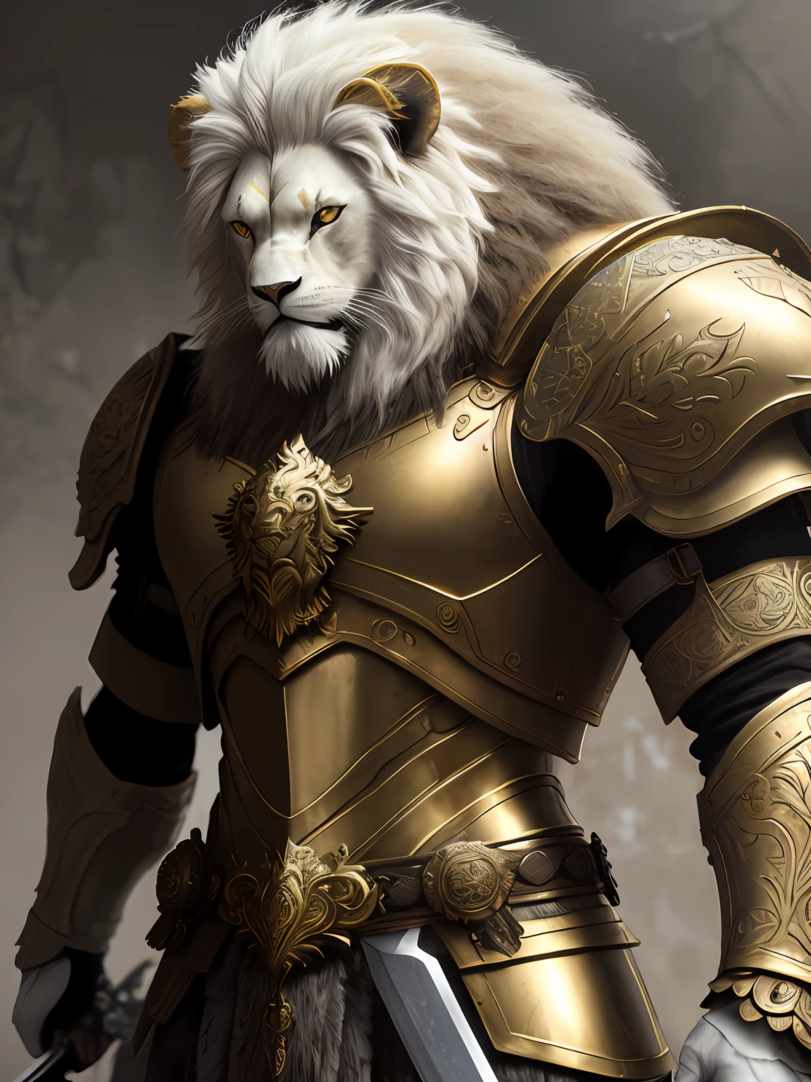 ，gold armor，metalictexture，Lion head, white Hairy，White lion，strong muscular man, street angry, backpack， Carrying a giant sword on his back，Knife at waist, epic realistic, photo, faded, complex stuff around, intricate background, soaking wet, neutral colors, ((((hdr)))), ((((muted colors)))), intricate scene, artstation, intricate details, vignette