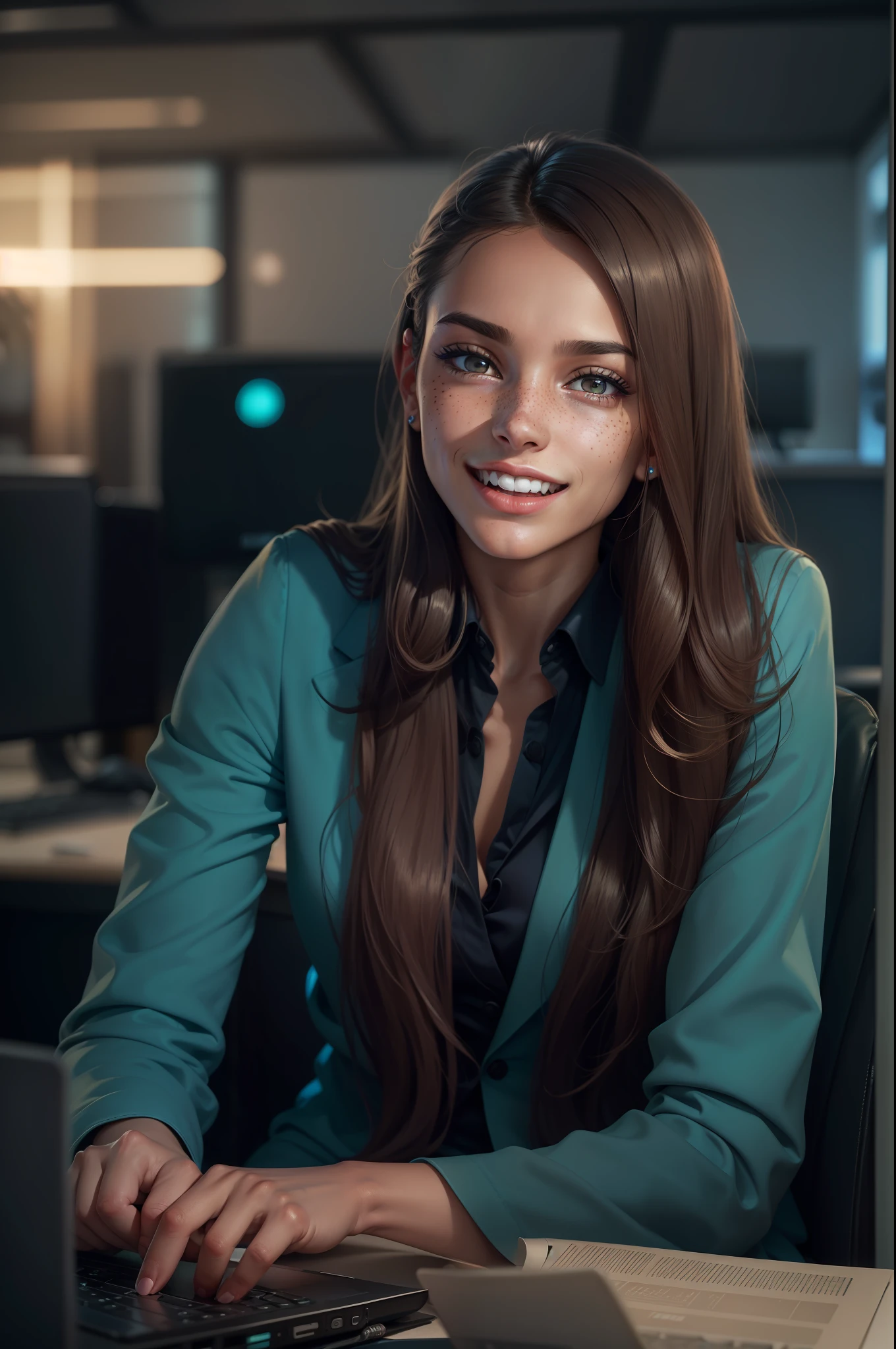 Ultra realistic image of a 25-year-old woman, pretty, thin, long straight hair, freckles on her face, dark and tanned skin, wearing a blue and black pantsuit, expression of happiness, sitting in front of a computer in a work environment