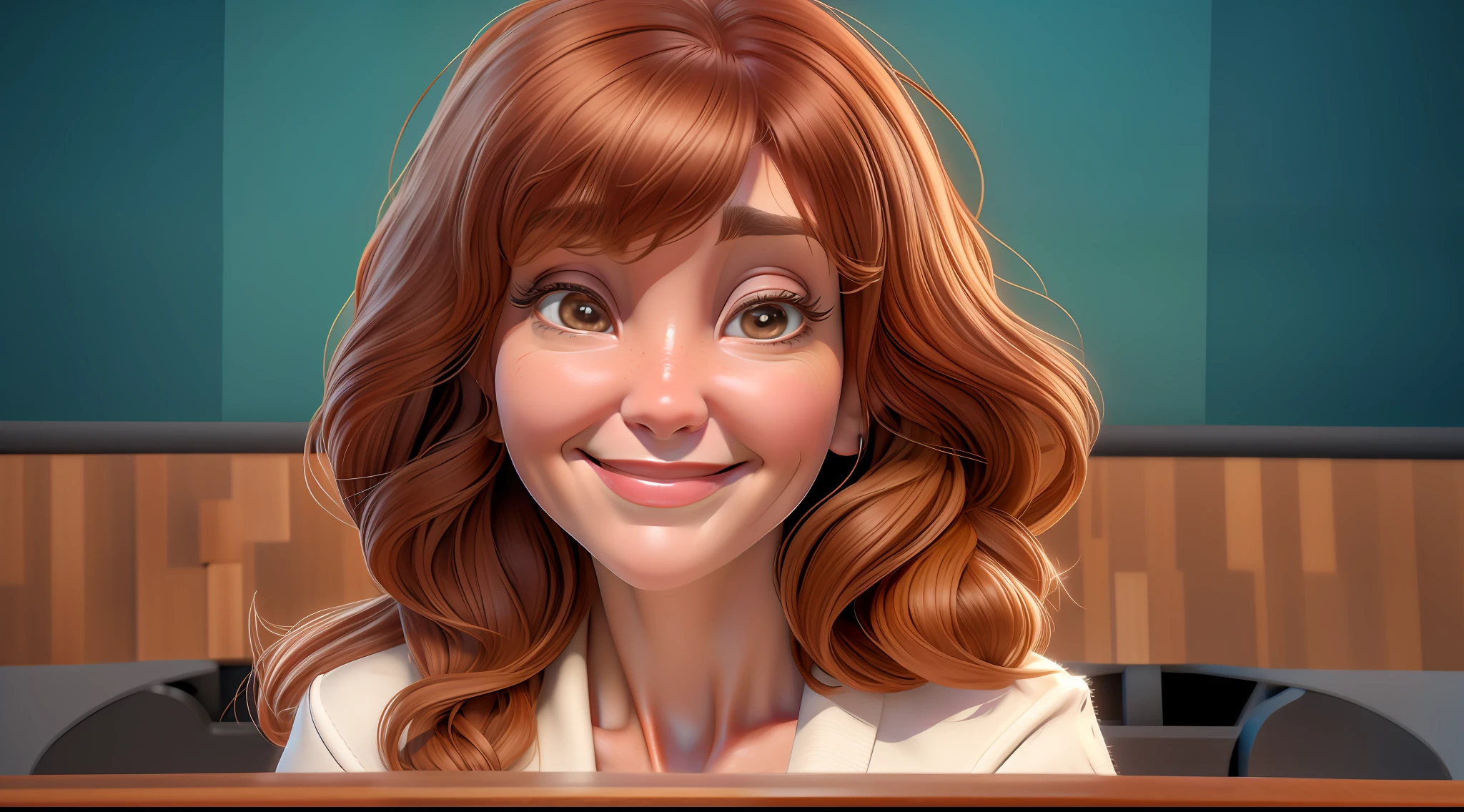 Realistic image, realistic texture, high quality, image of Kari Byron 60 years old, 100% brown hair, (nasolabial folds on face: 1.4), (wrinkled skin, frown lines on eyes and forehead), cheerful look) smiling face, realistic skin, wearing white female suit, (kari byron coaching speaker), scenery: stage lights, stage, (audience image background, blurred image)