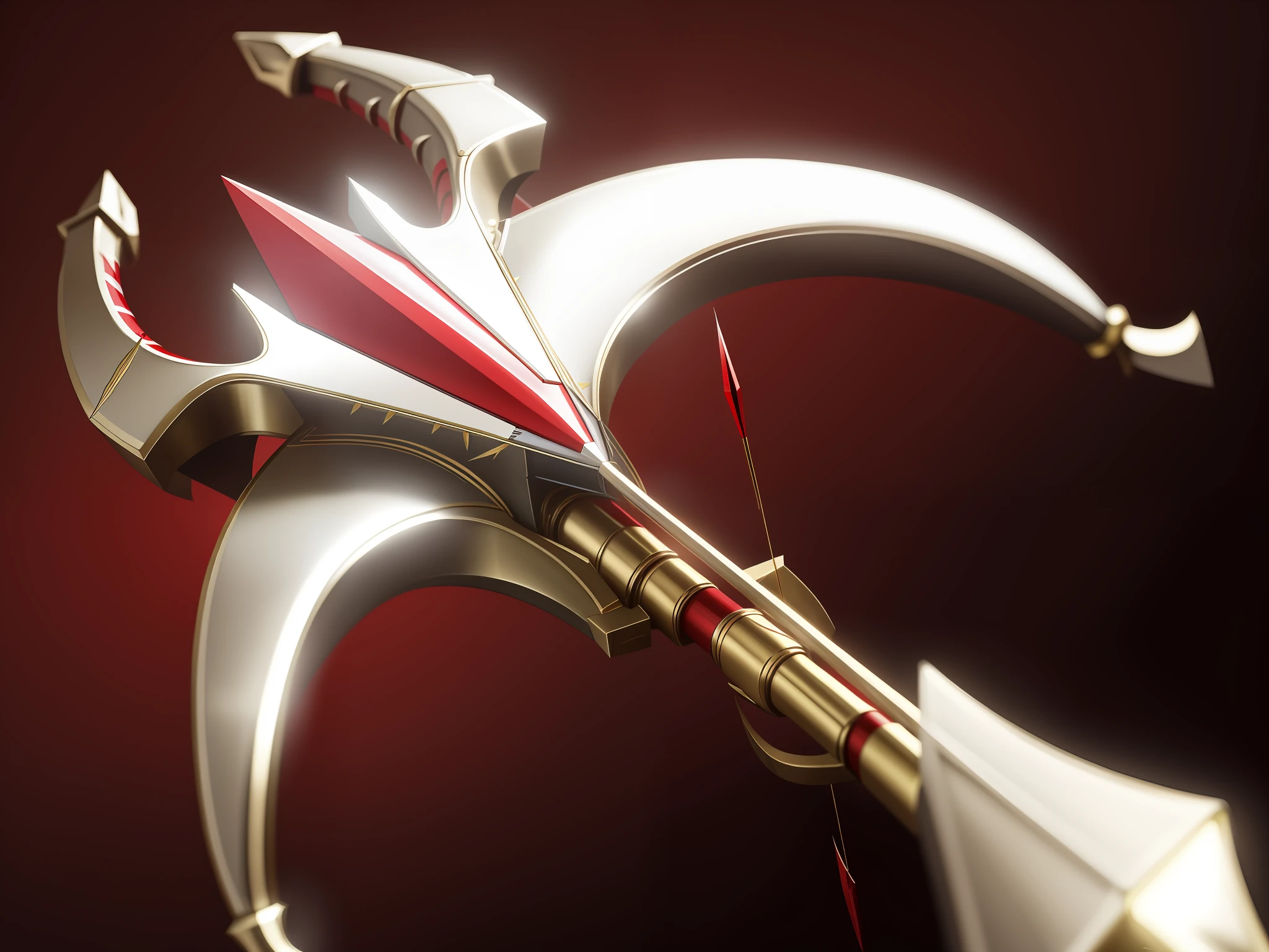 Masterpiece, Best quality, 8K, Realistic, There is a metal crossbow, Very sharp blood-red arrow, Very sharp arrow, Sharp blood-red arrow, Sharp blood-red arrow, The crossbow is made of brass, The crossbow is a blood-red gemstone, Sharp blood-red arrow, Zhuge crossbow, Metal light background, 弩 A, Pointed arrows,