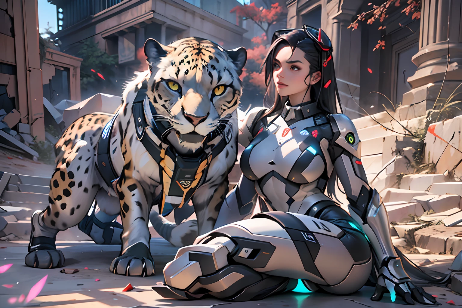 ((best qualtiy)), ((tmasterpiece)), (The is very detailed:1.3), 3D, Shitu-mecha, Beautiful cyberpunk woman with her cheetah-form mech in the ruins of the forgotten city of war, Ancient Techniques, hdr(HighDynamicRange), Ray traching, NVIDIA RTX, Hyper-Resolution, Unreal 5, sub surface scattering, PBR Texture, post-proces, Anisotropic filtering, depth of fields, Maximum clarity and sharpness, Many-Layer Textures, Albedo e mapas Speculares, Surface coloring,Accurately simulate light-material interactions,perfectly proportions,rendering by octane,twotonelighting,Low ISO,White balance,trichotomy,Wide aperture,8K raw data,High-Efficiency Sub-Pixel,sub-pixel convolution,Luminous Particle,Light scattering,Tyndall effect