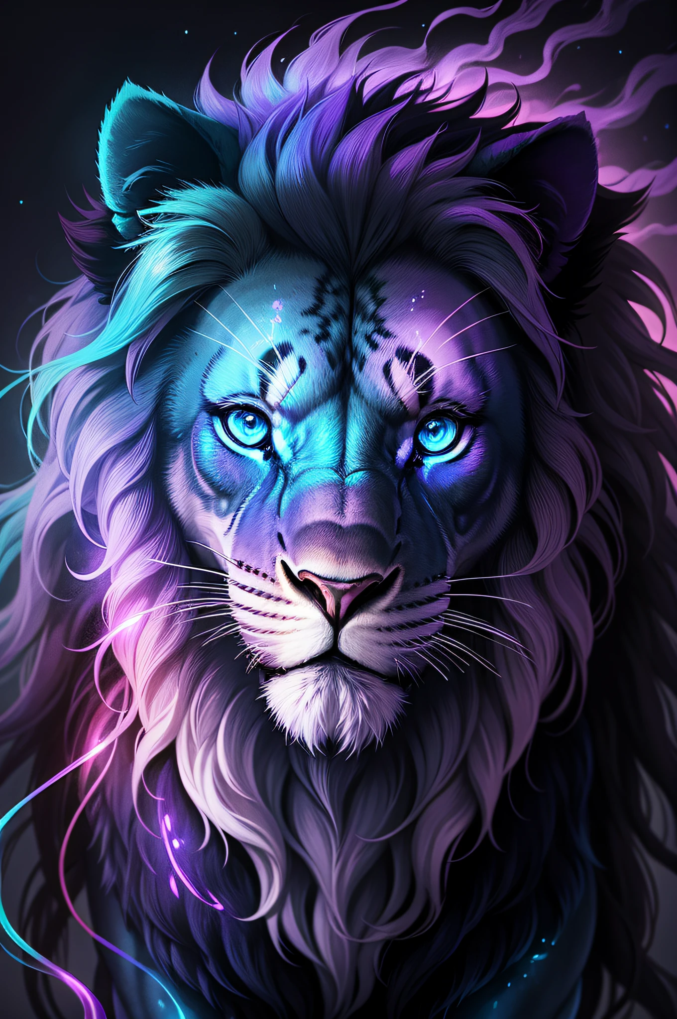 Bioluminescent lion made of rainbow, dark blue purple smoke, lilac background